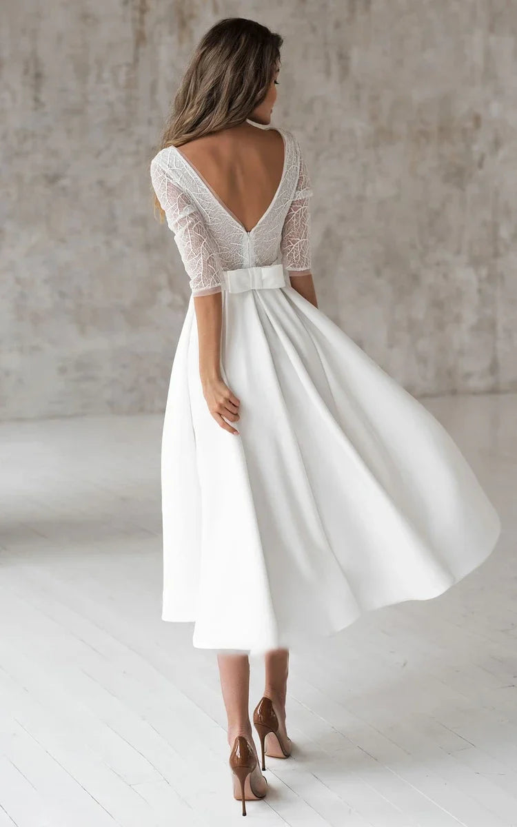 Romantic Satin V-neck A Line Tea-length Wedding Dress with Ruching and Sash