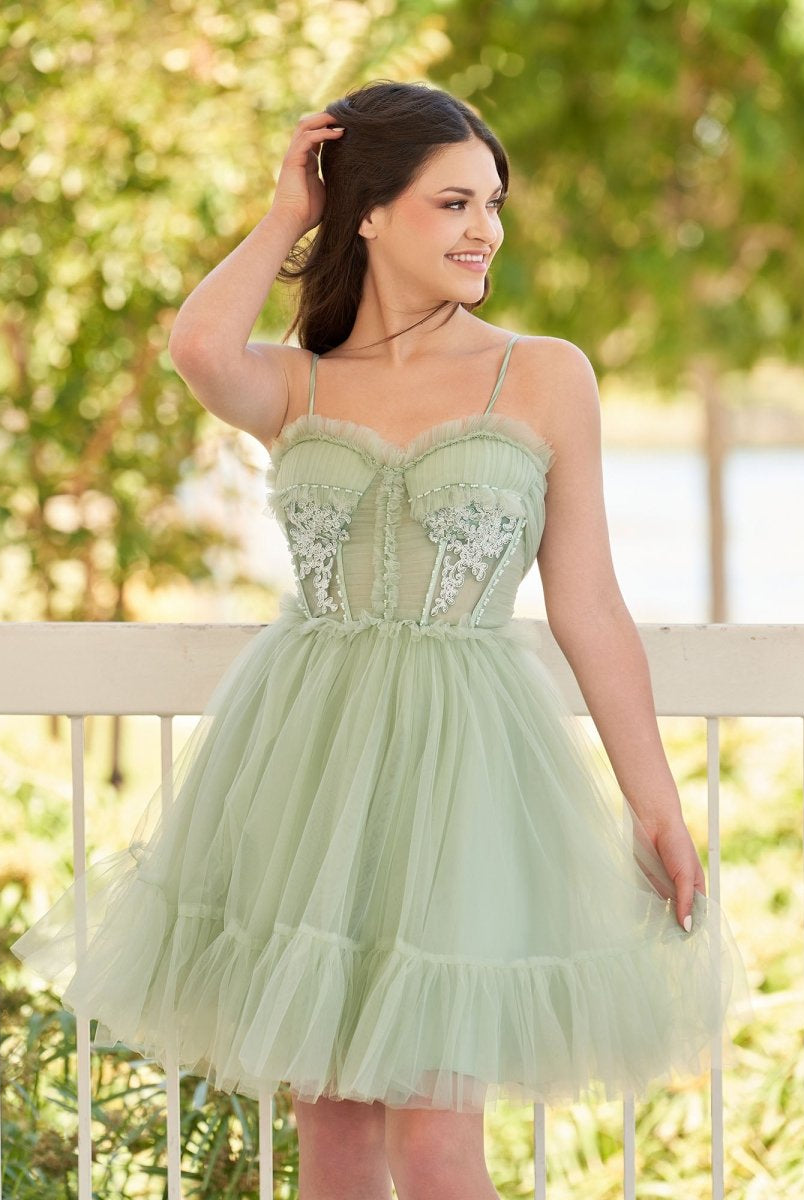 Rosa | Spaghetti Straps Tulle Lace Appliques Short Prom Dresses With Bow - KissProm