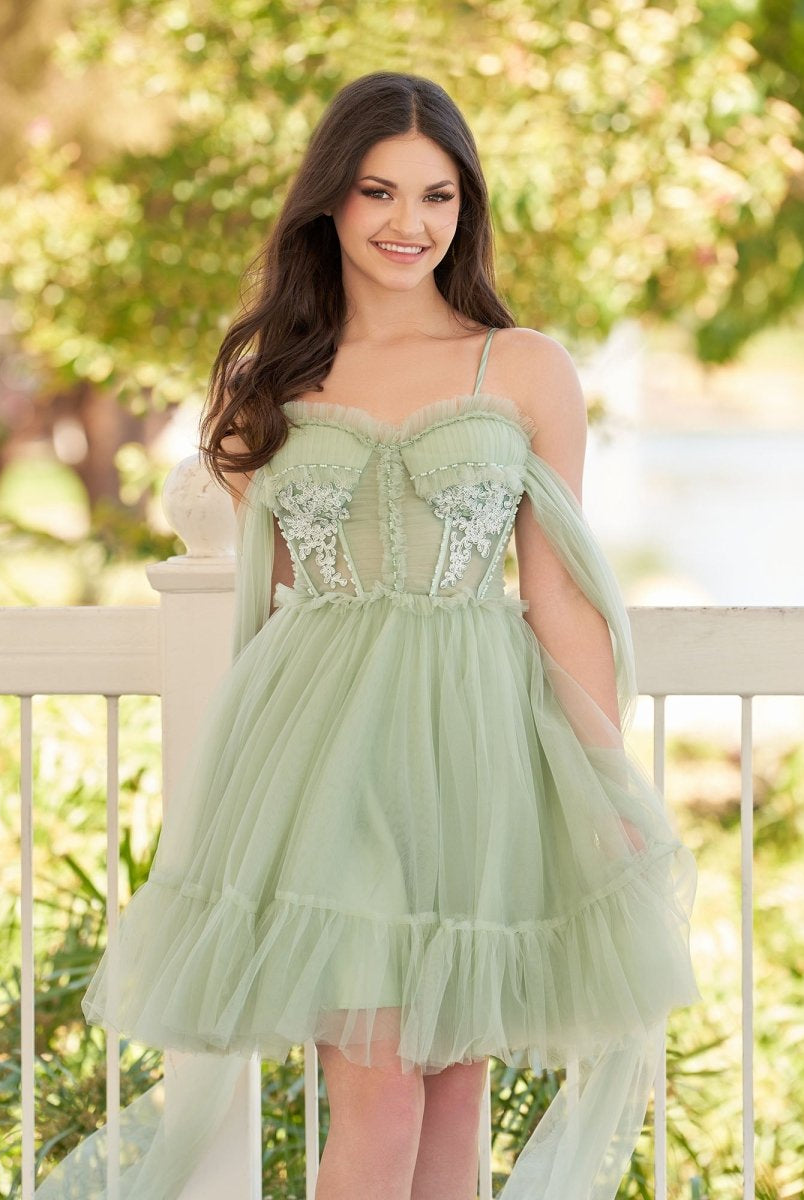 Rosa | Spaghetti Straps Tulle Lace Appliques Short Prom Dresses With Bow - KissProm