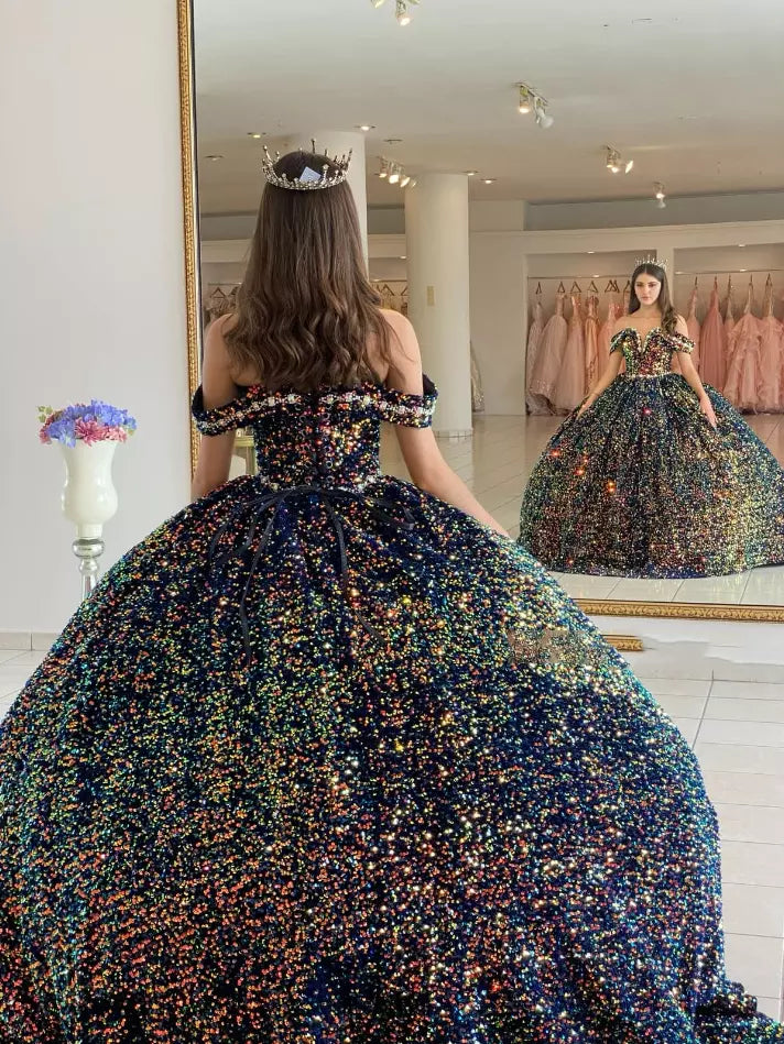 Sequined Ball-Gown Off Shoulder Beaded Velvet Quinceanera Dresses