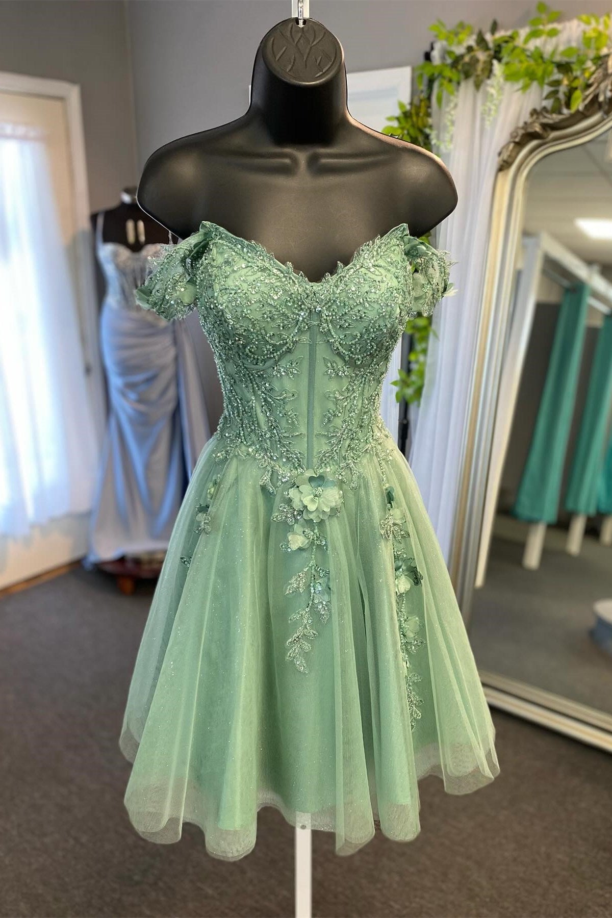 Sage Green Off the Shoulder Beaded Appliques A Line MIni Dress