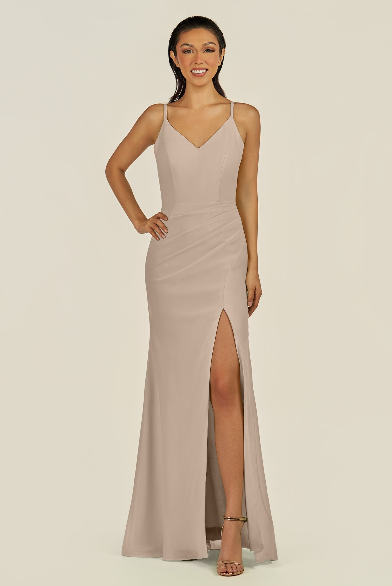 KissDress-Santillia Almond Sheath Chiffon V Neck Long Bridesmaid Dress with Slit