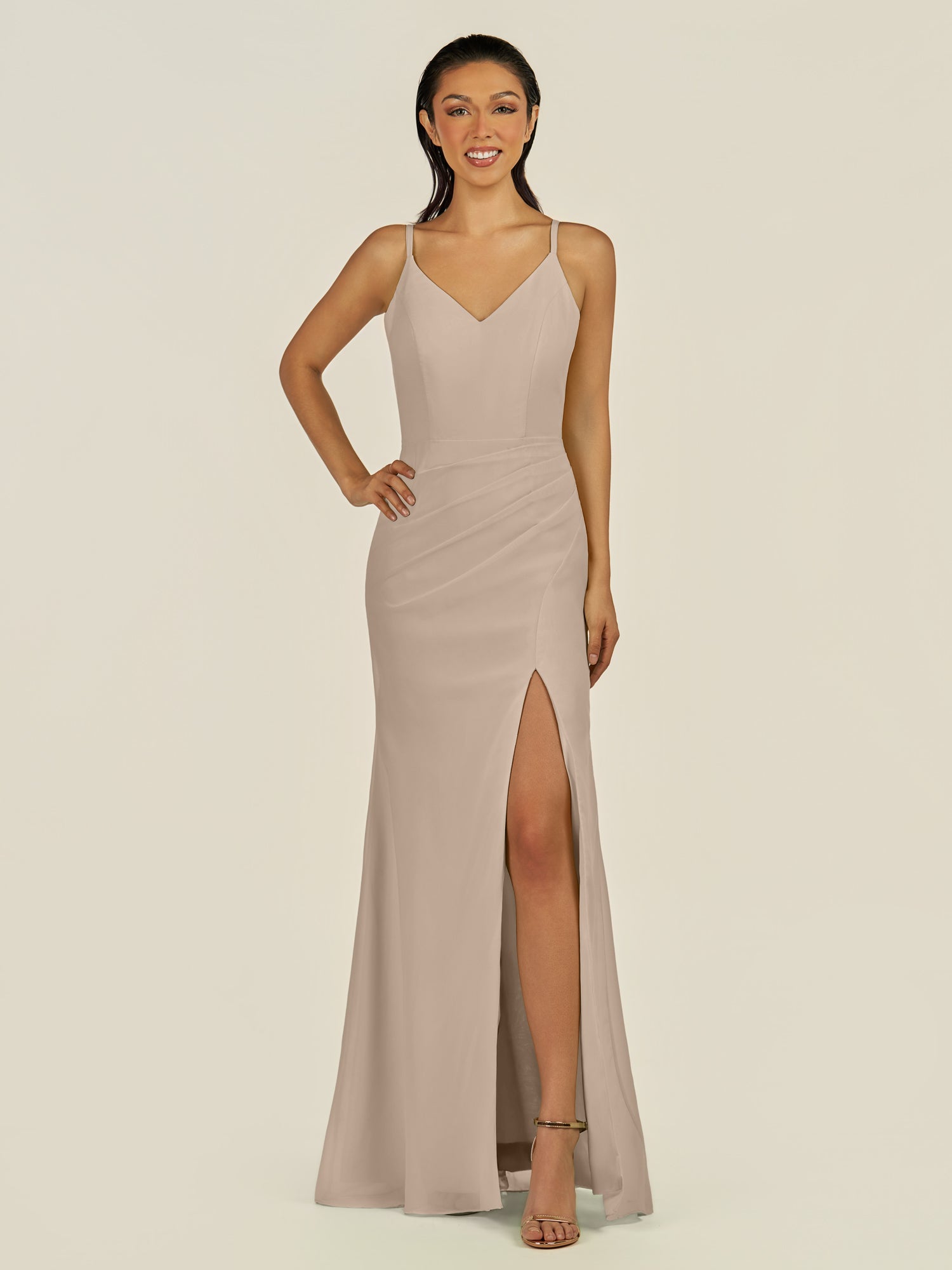 KissDress-Santillia Almond Sheath Chiffon V Neck Long Bridesmaid Dress with Slit