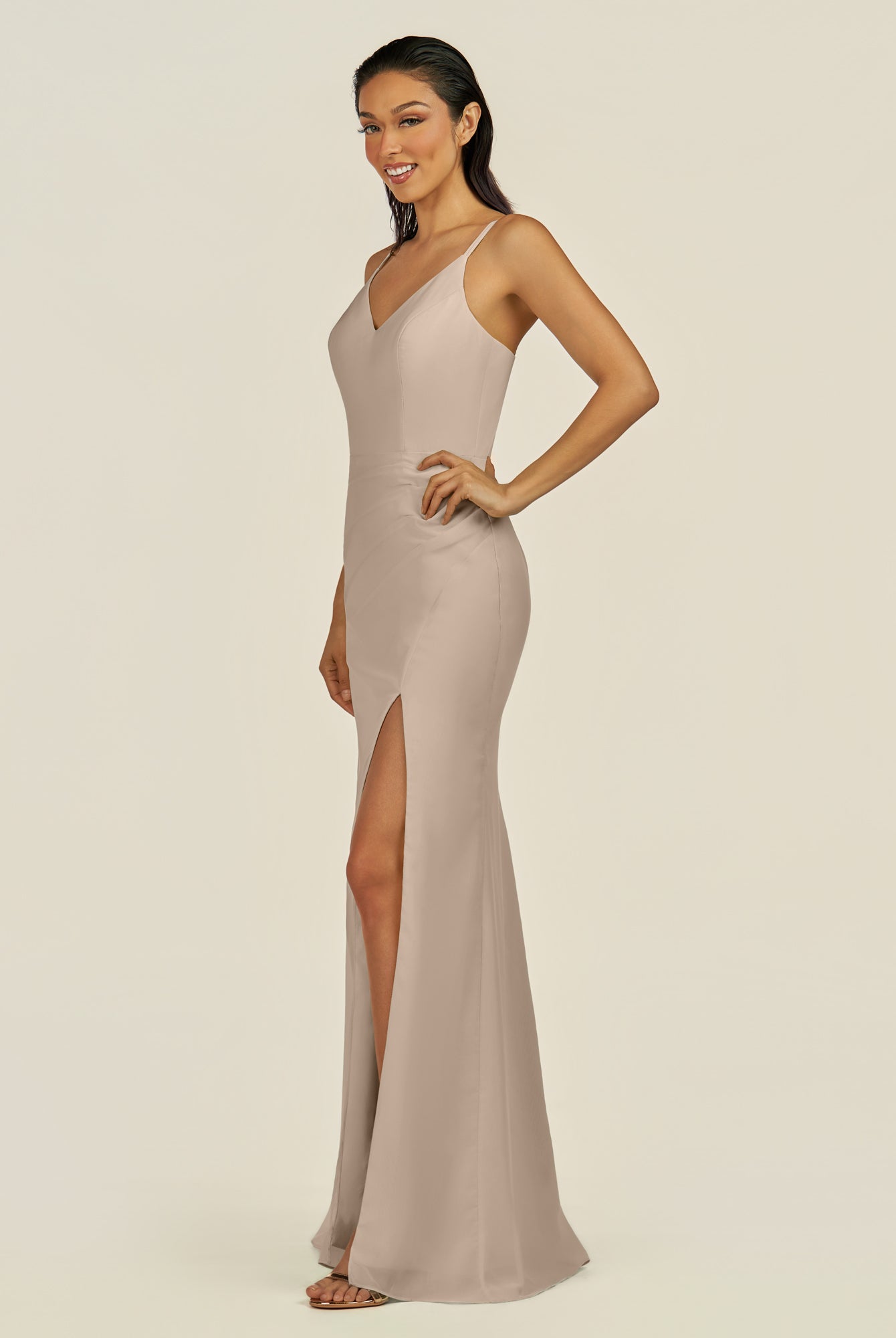 KissDress-Santillia Almond Sheath Chiffon V Neck Long Bridesmaid Dress with Slit
