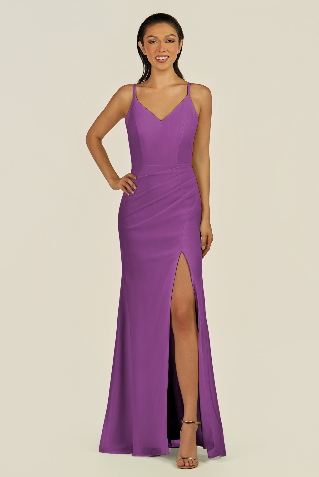 KissDress-Santillia Amethyst Sheath Chiffon V Neck Long Bridesmaid Dress with Slit