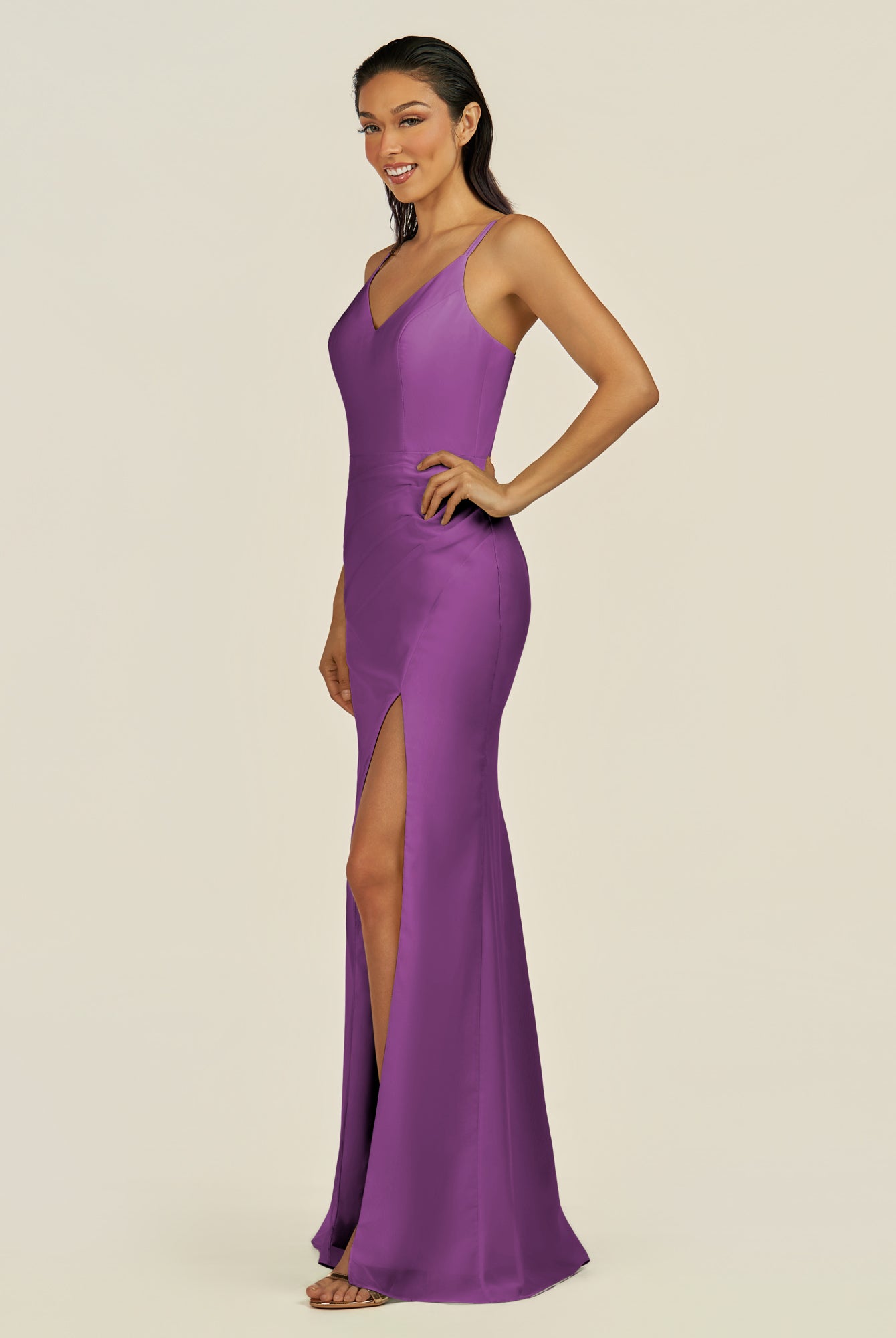 KissDress-Santillia Amethyst Sheath Chiffon V Neck Long Bridesmaid Dress with Slit