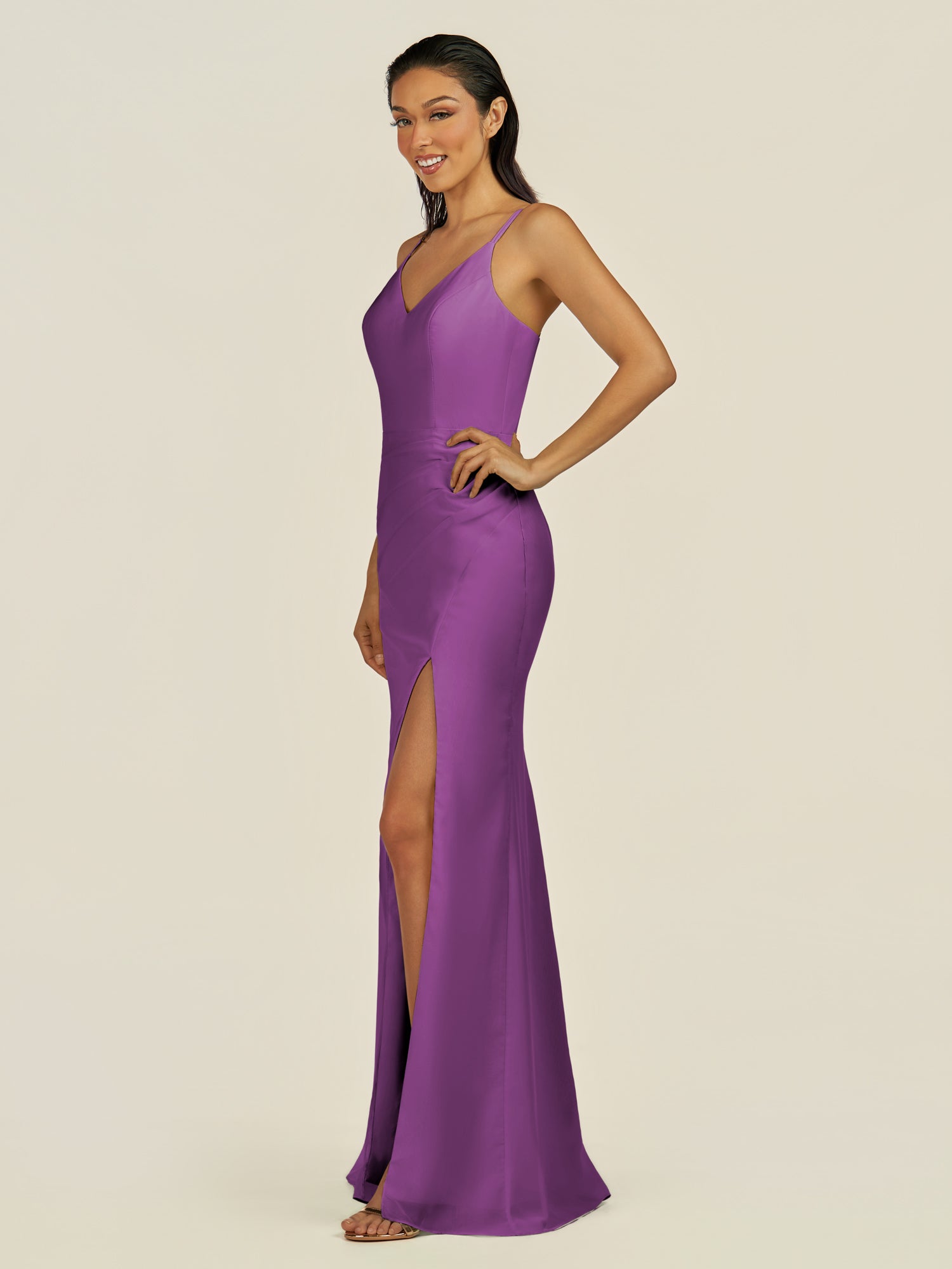 KissDress-Santillia Amethyst Sheath Chiffon V Neck Long Bridesmaid Dress with Slit