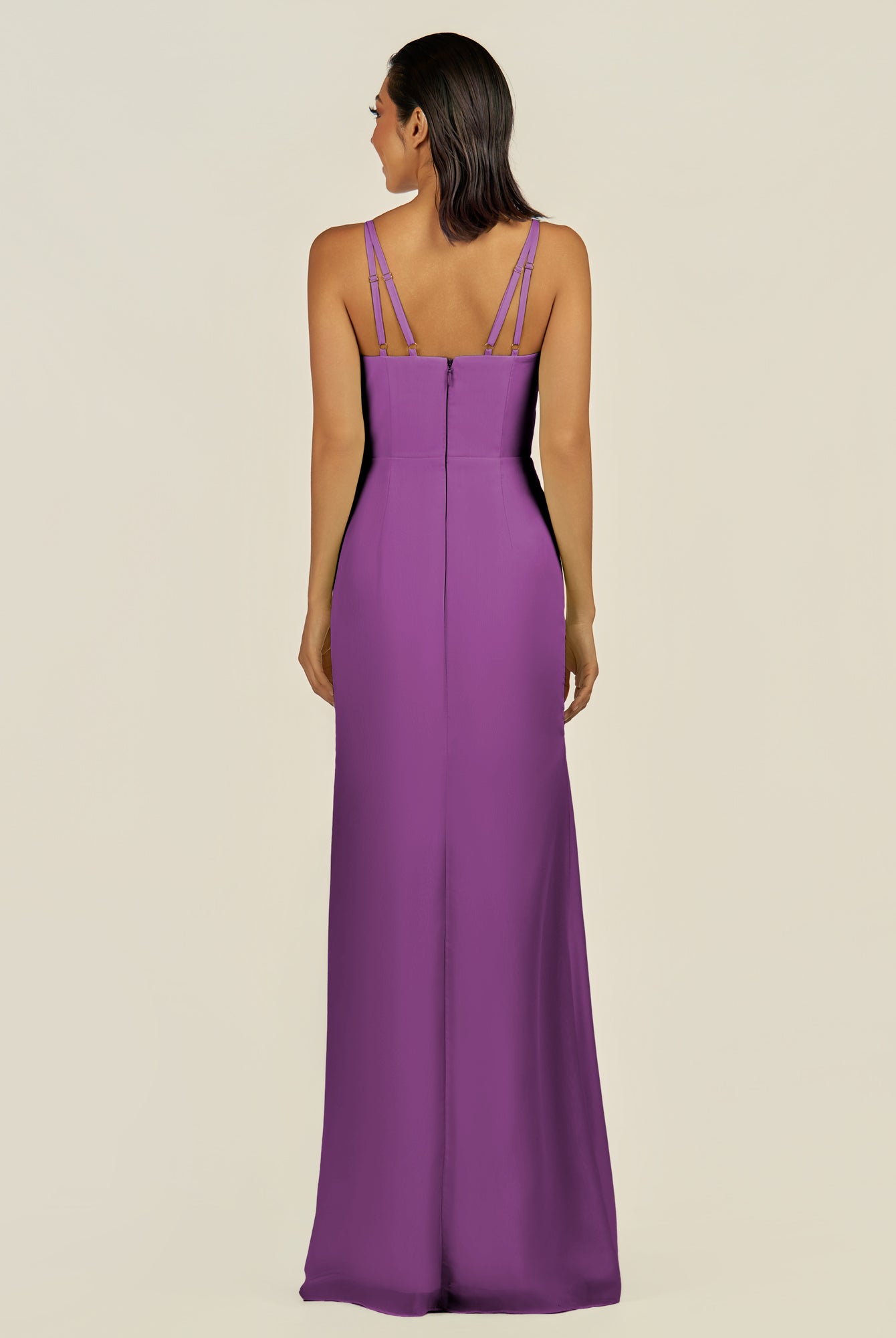KissDress-Santillia Amethyst Sheath Chiffon V Neck Long Bridesmaid Dress with Slit
