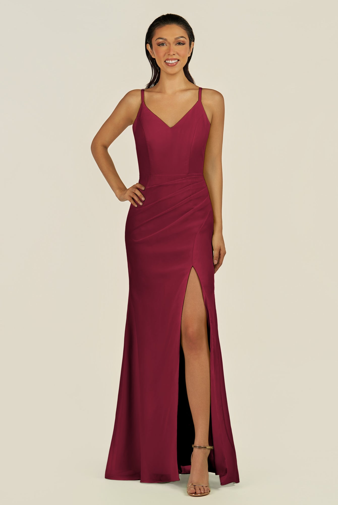 KissDress-Santillia Berry Sheath Chiffon V Neck Long Bridesmaid Dress with Slit