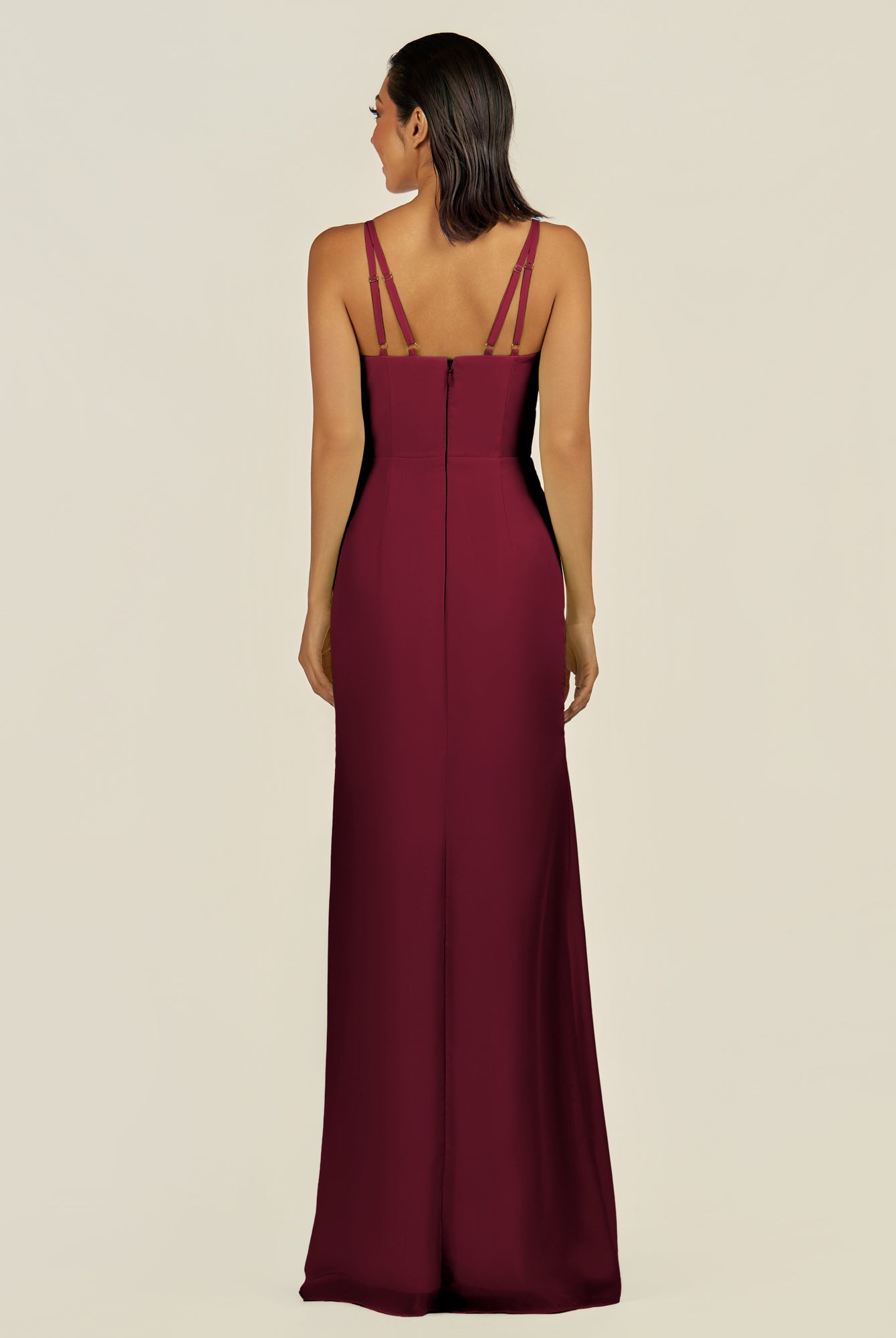KissDress-Santillia Berry Sheath Chiffon V Neck Long Bridesmaid Dress with Slit