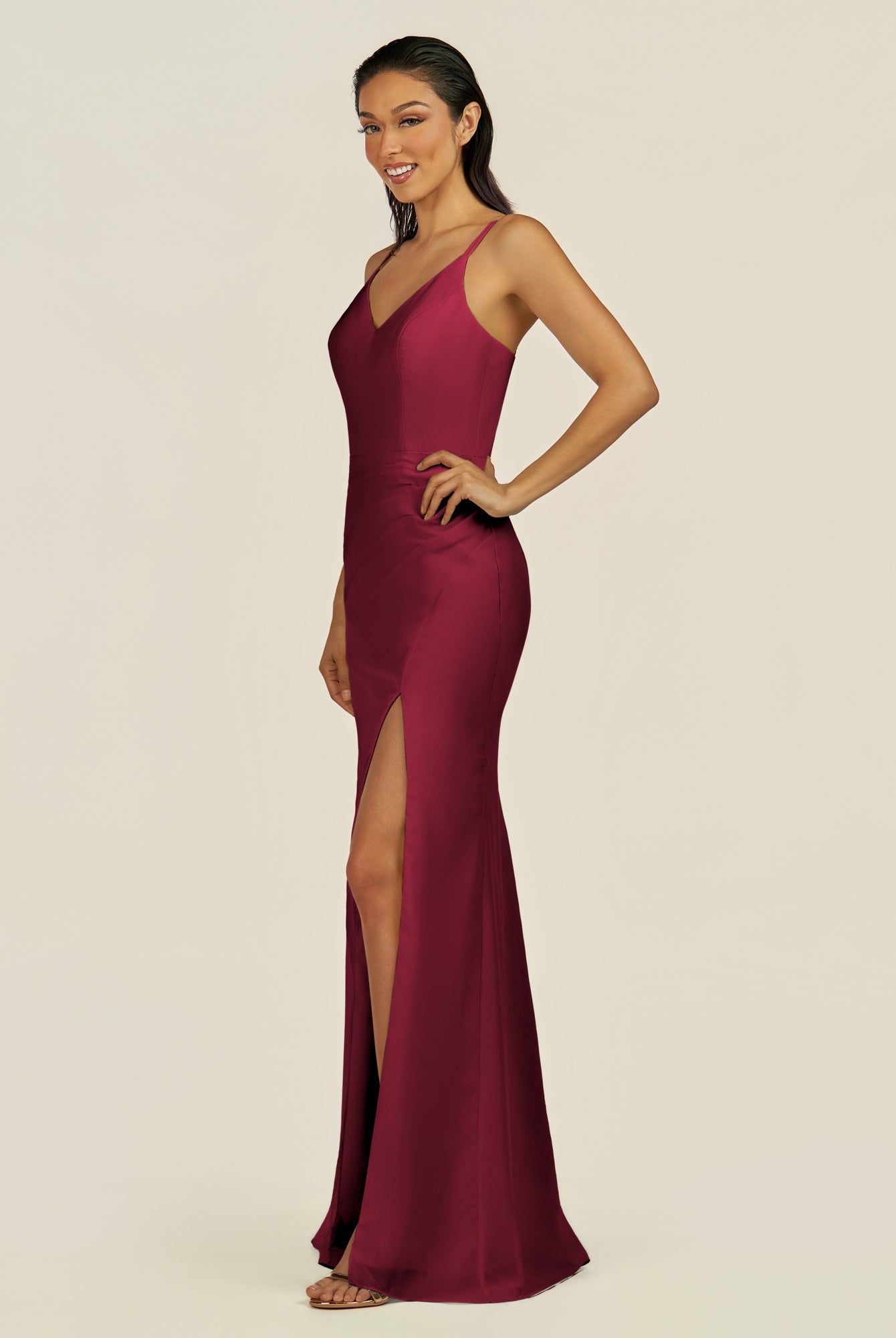 KissDress-Santillia Berry Sheath Chiffon V Neck Long Bridesmaid Dress with Slit