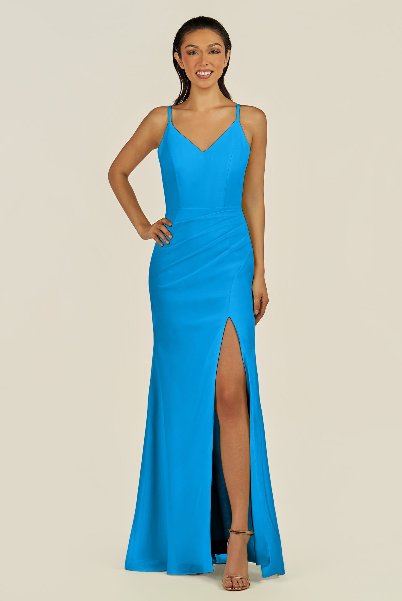 KissDress-Santillia Blue Jay Sheath Chiffon V Neck Long Bridesmaid Dress with Slit