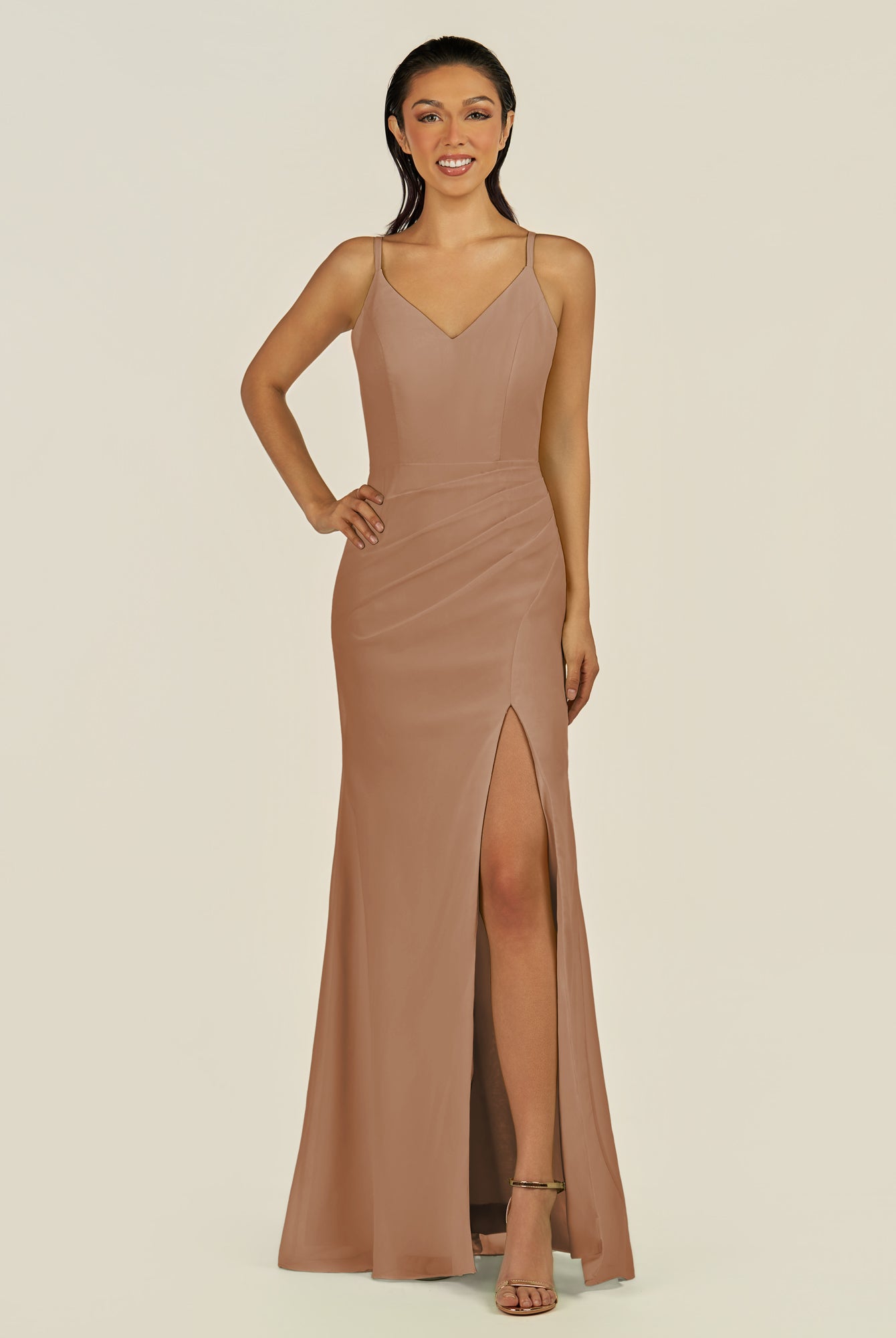 KissDress-Santillia Bronzer Sheath Chiffon V Neck Long Bridesmaid Dress with Slit