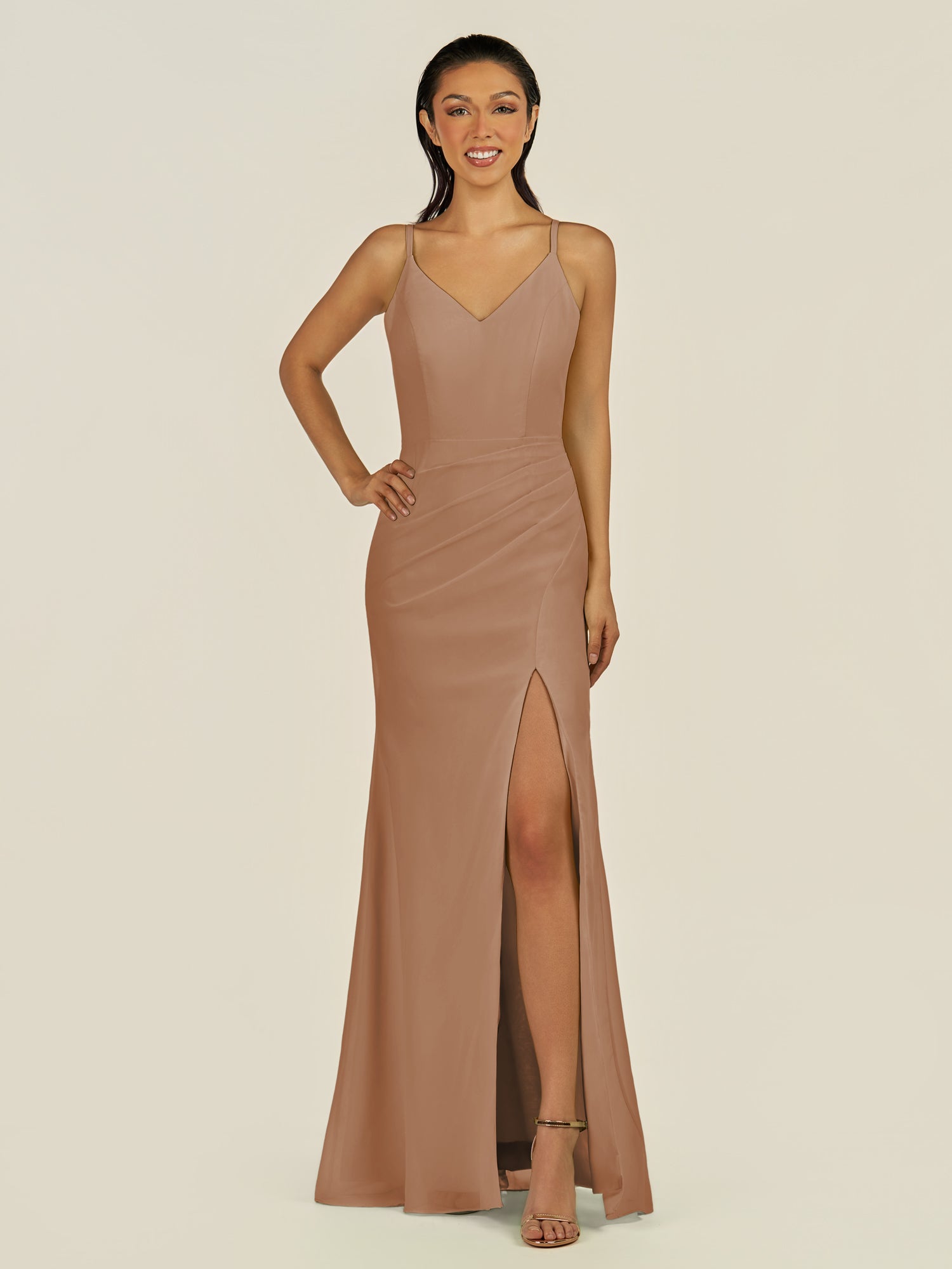 KissDress-Santillia Bronzer Sheath Chiffon V Neck Long Bridesmaid Dress with Slit