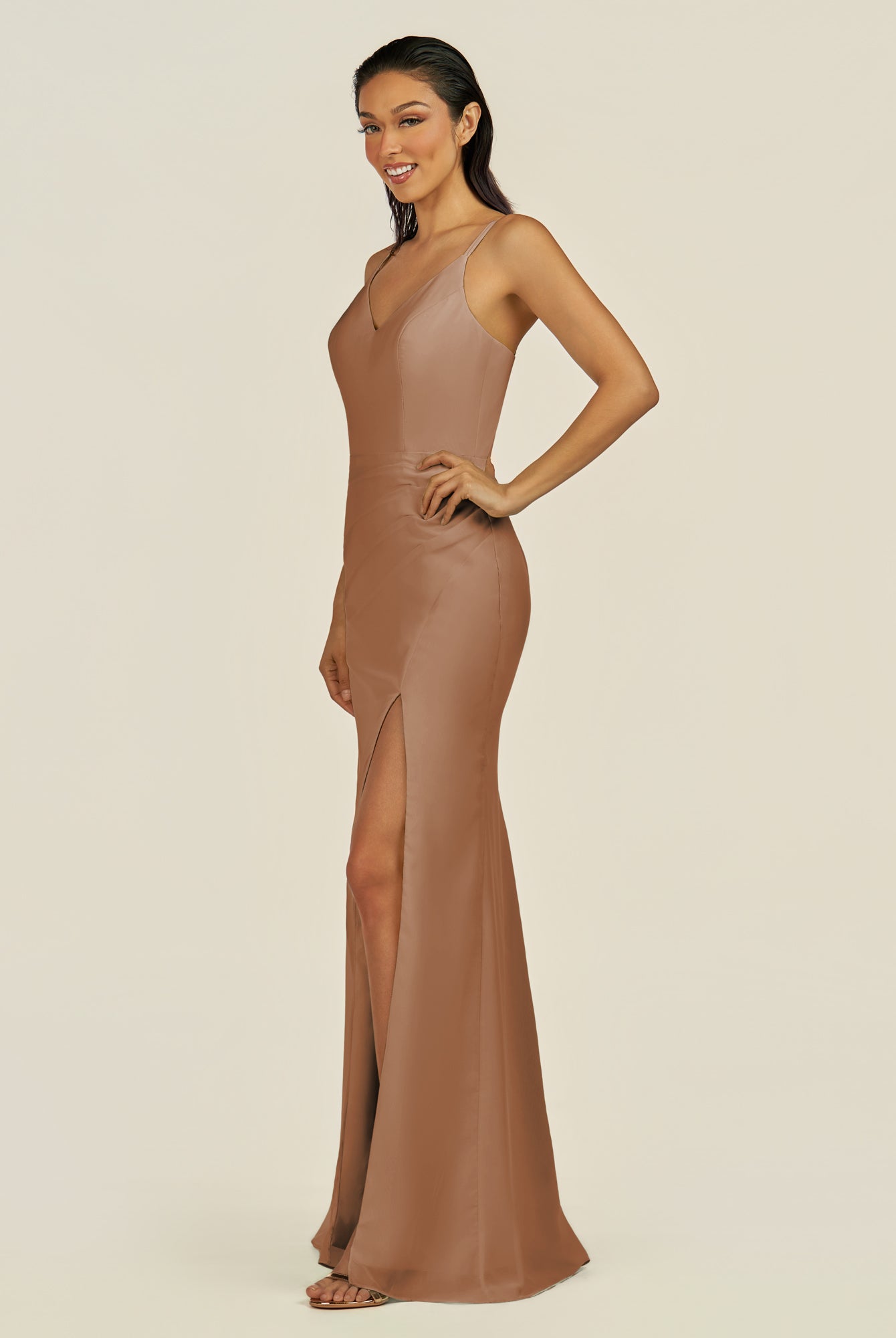 KissDress-Santillia Bronzer Sheath Chiffon V Neck Long Bridesmaid Dress with Slit