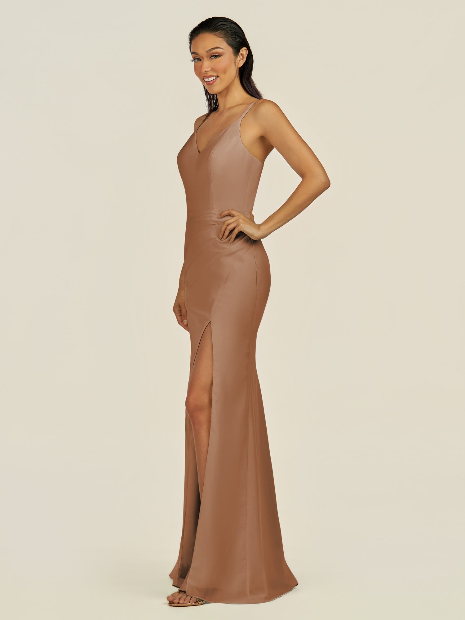 KissDress-Santillia Bronzer Sheath Chiffon V Neck Long Bridesmaid Dress with Slit