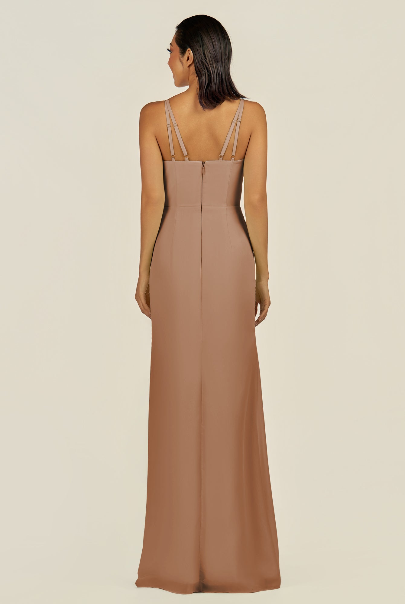 KissDress-Santillia Bronzer Sheath Chiffon V Neck Long Bridesmaid Dress with Slit