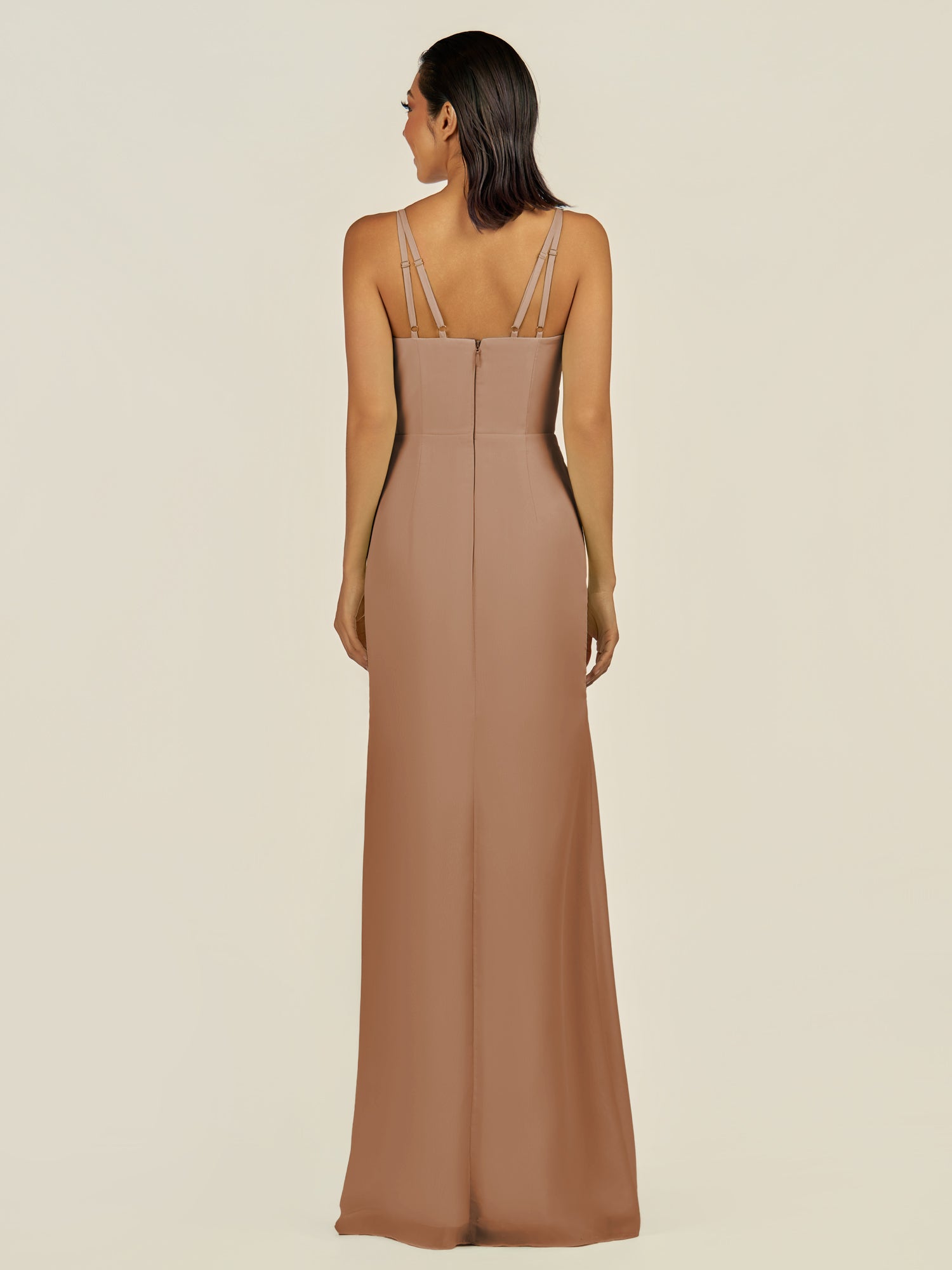 KissDress-Santillia Bronzer Sheath Chiffon V Neck Long Bridesmaid Dress with Slit