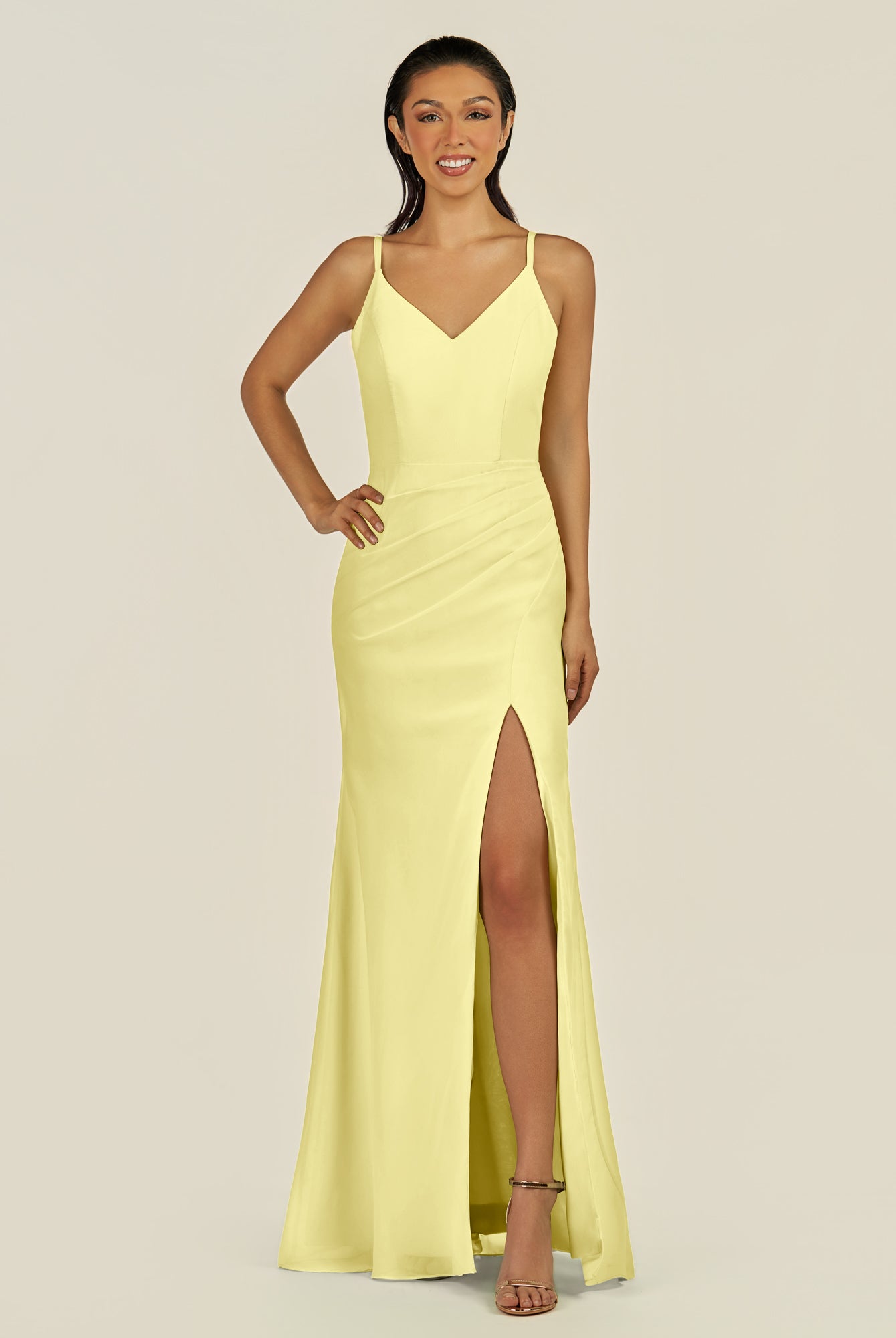 KissDress-Santillia Buttercup Sheath Chiffon V Neck Long Bridesmaid Dress with Slit