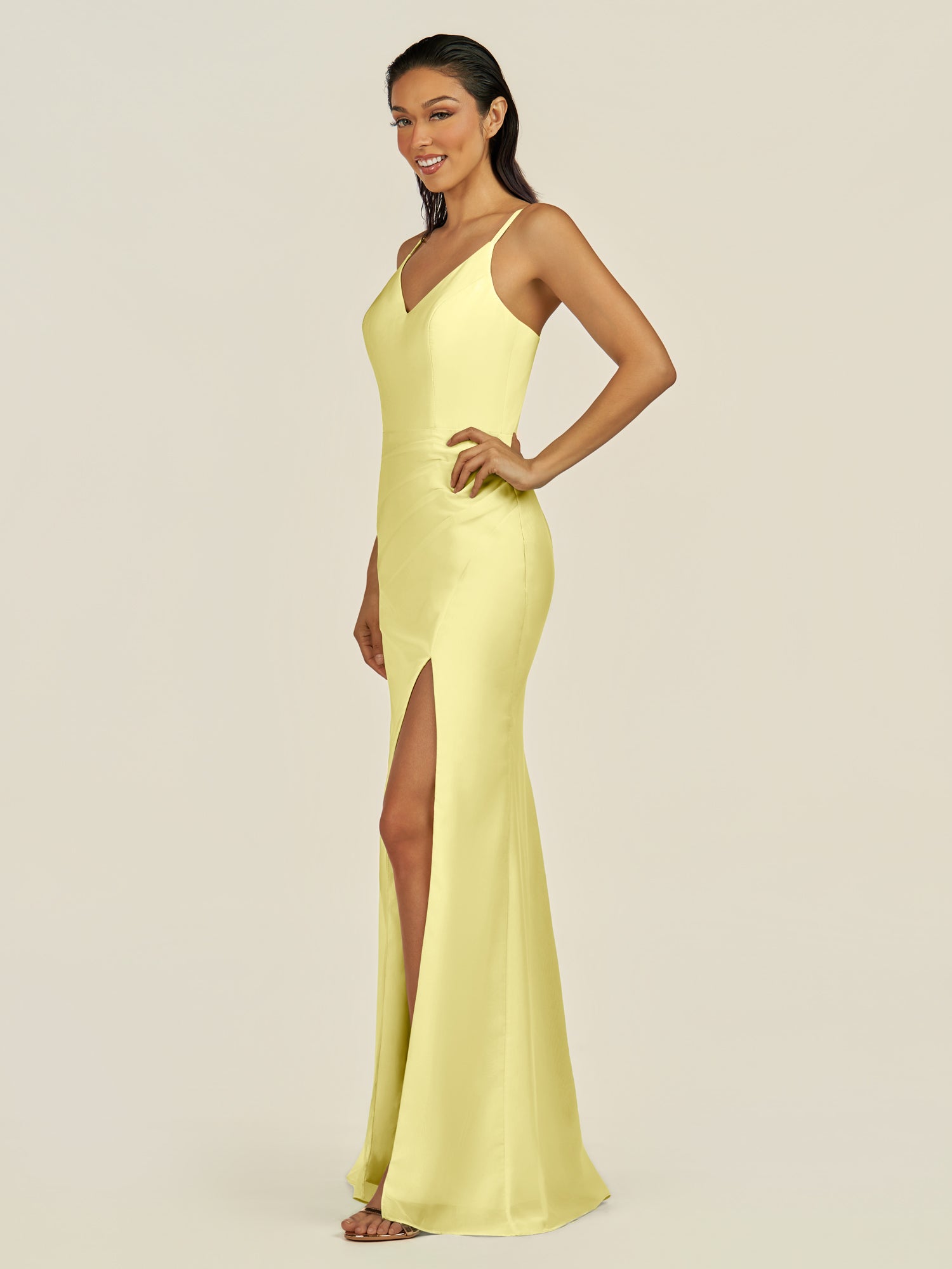 KissDress-Santillia Buttercup Sheath Chiffon V Neck Long Bridesmaid Dress with Slit
