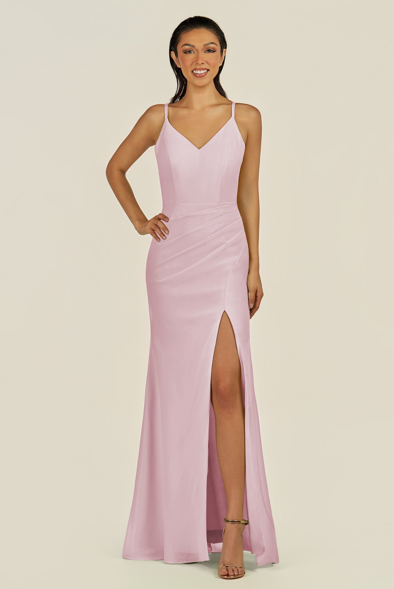 KissDress-Santillia Candy Pink Sheath Chiffon V Neck Long Bridesmaid Dress with Slit