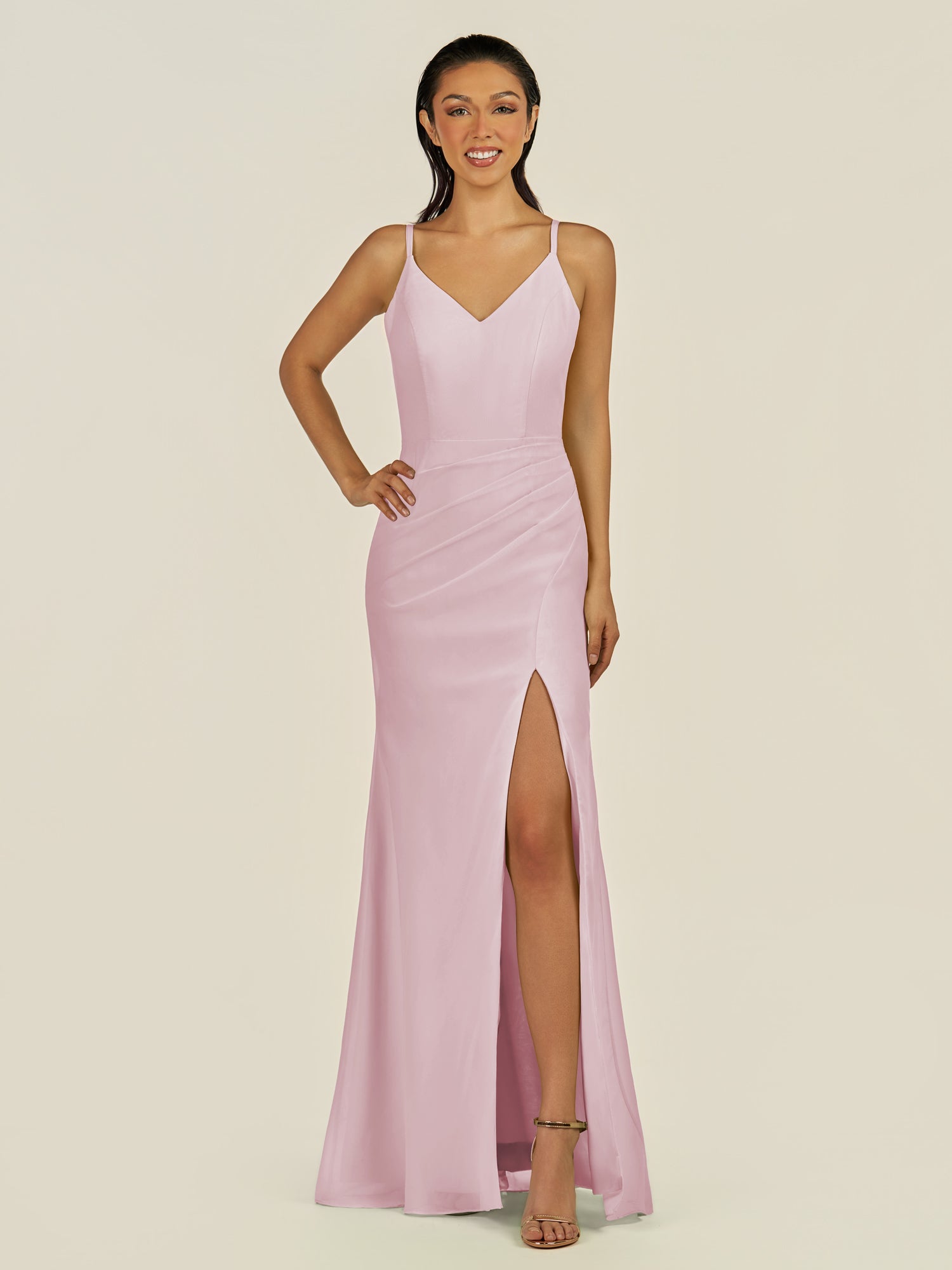 KissDress-Santillia Candy Pink Sheath Chiffon V Neck Long Bridesmaid Dress with Slit