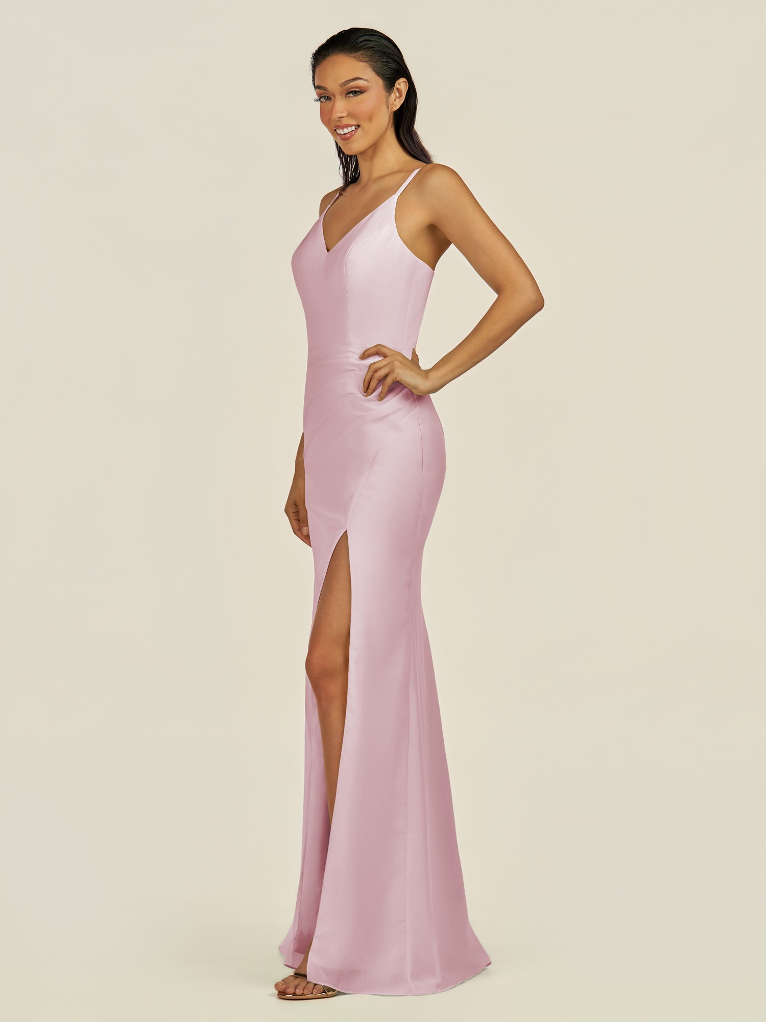 KissDress-Santillia Candy Pink Sheath Chiffon V Neck Long Bridesmaid Dress with Slit