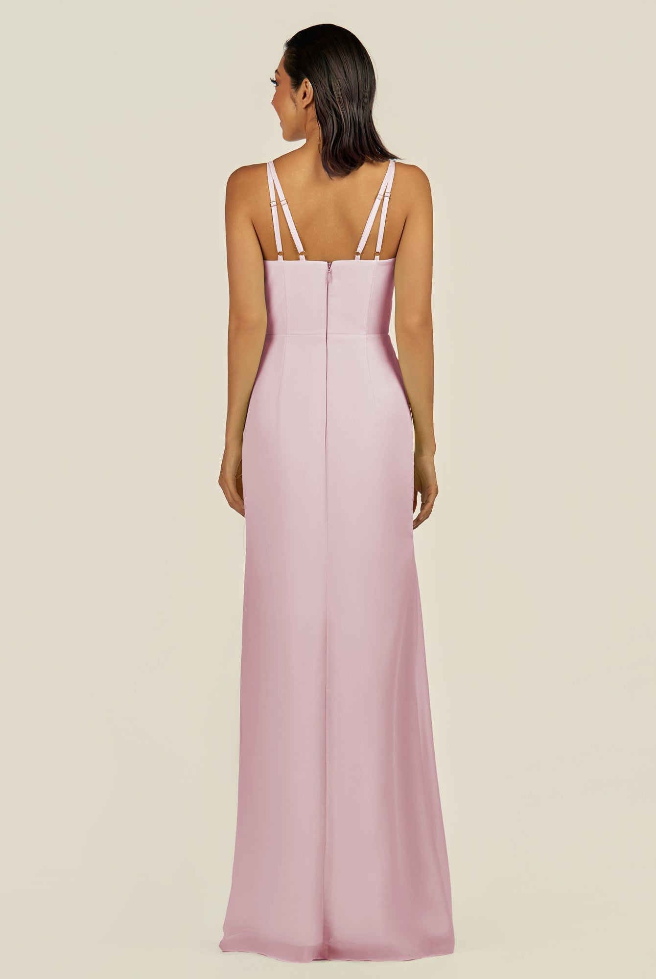 KissDress-Santillia Candy Pink Sheath Chiffon V Neck Long Bridesmaid Dress with Slit