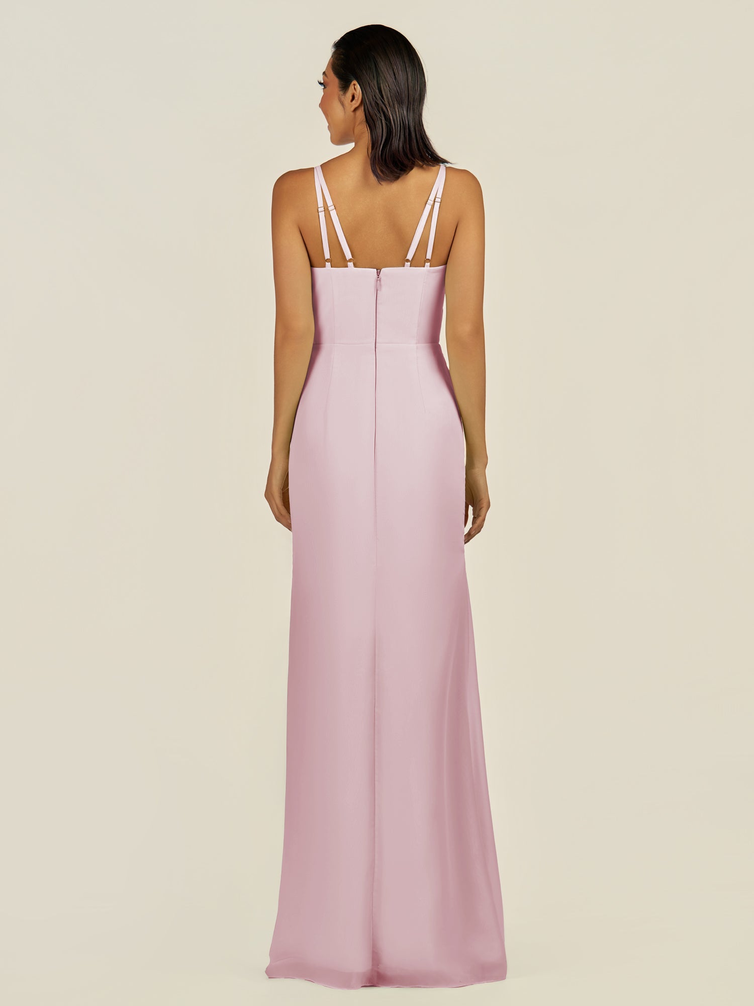 KissDress-Santillia Candy Pink Sheath Chiffon V Neck Long Bridesmaid Dress with Slit