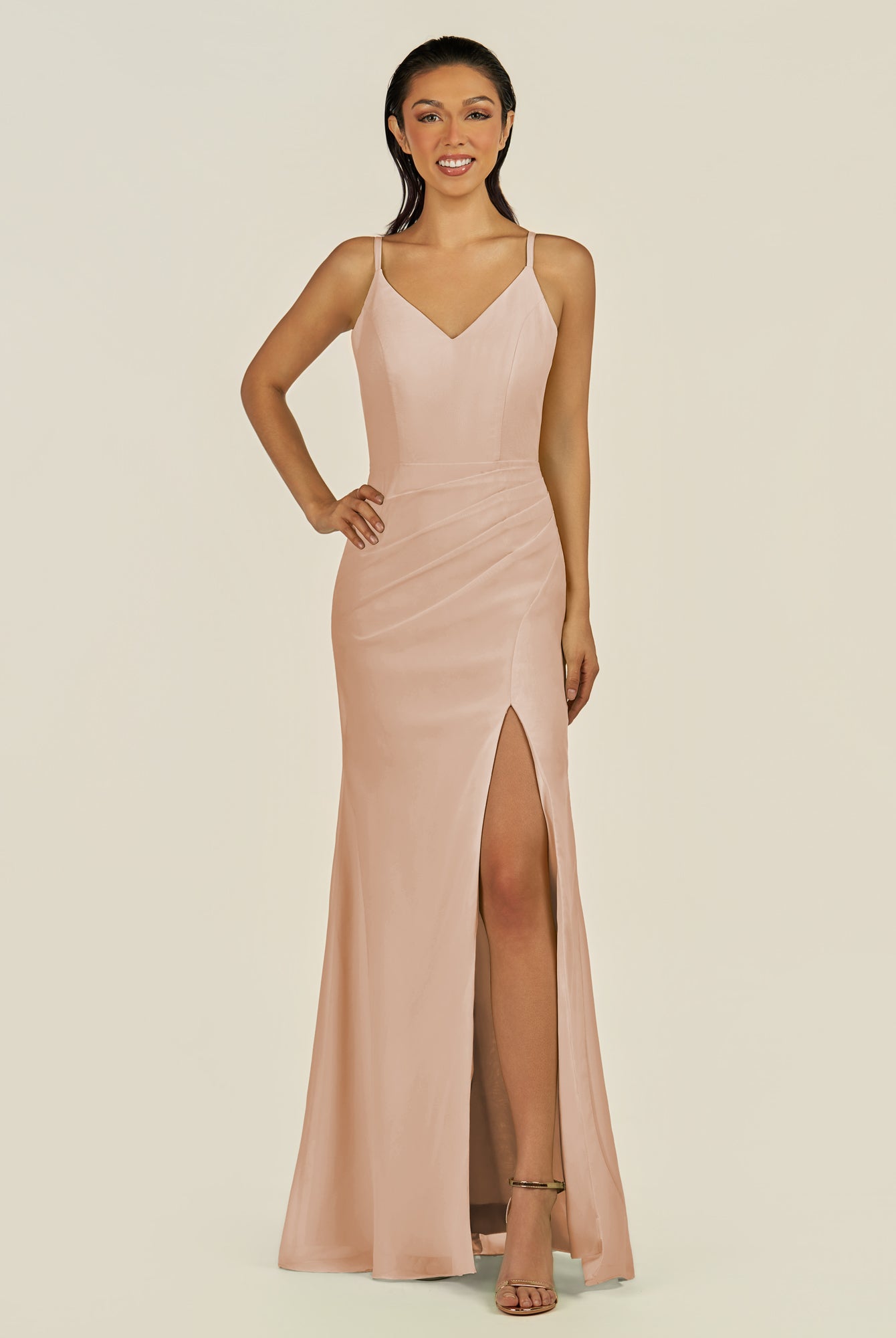 KissDress-Santillia Champagne Rose Sheath Chiffon V Neck Long Bridesmaid Dress with Slit