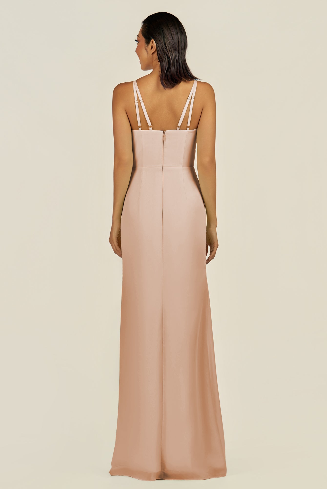 KissDress-Santillia Champagne Rose Sheath Chiffon V Neck Long Bridesmaid Dress with Slit