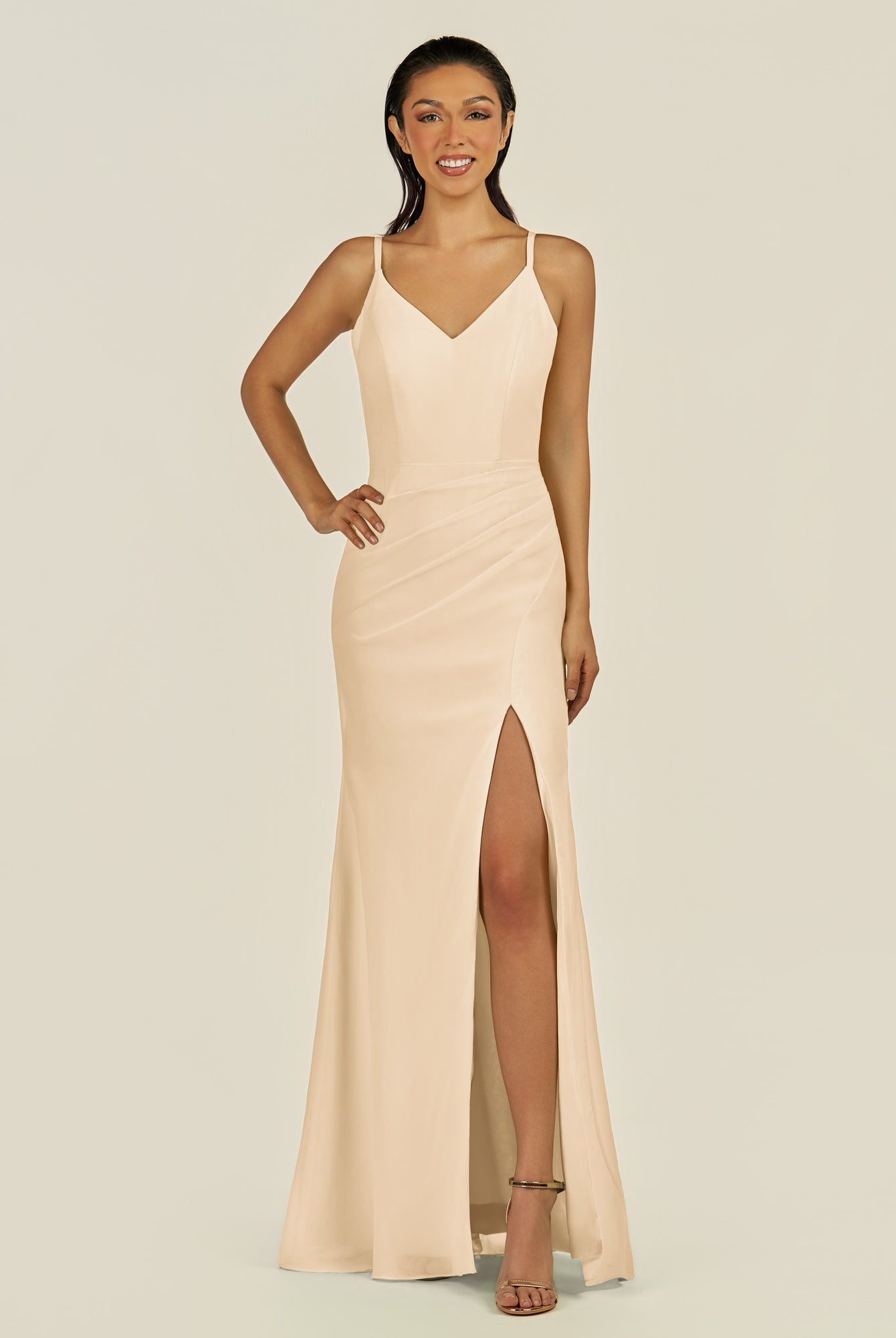 KissDress-Santillia Champagne Sheath Chiffon V Neck Long Bridesmaid Dress with Slit