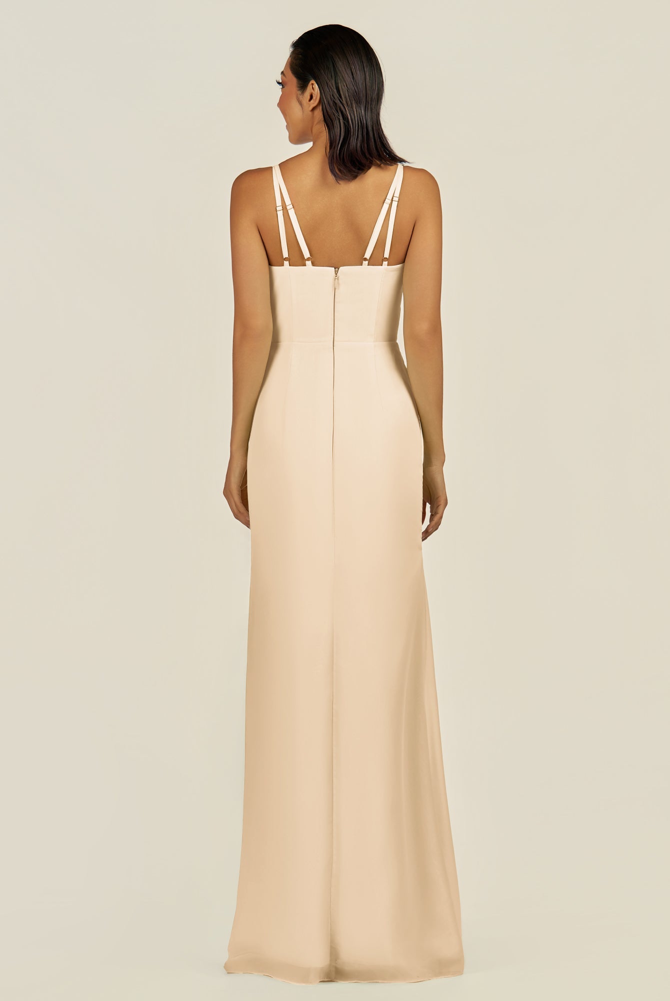 KissDress-Santillia Champagne Sheath Chiffon V Neck Long Bridesmaid Dress with Slit