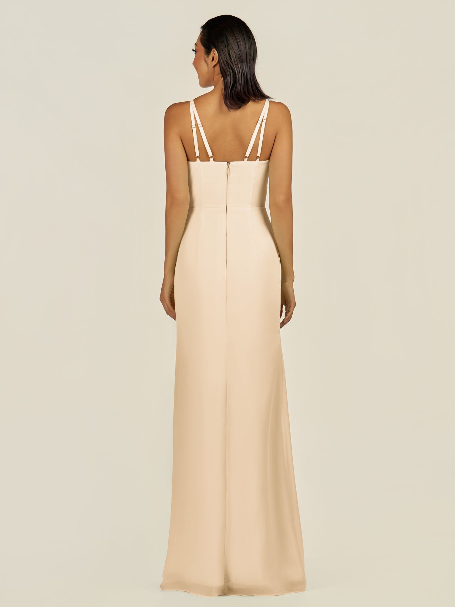 KissDress-Santillia Champagne Sheath Chiffon V Neck Long Bridesmaid Dress with Slit