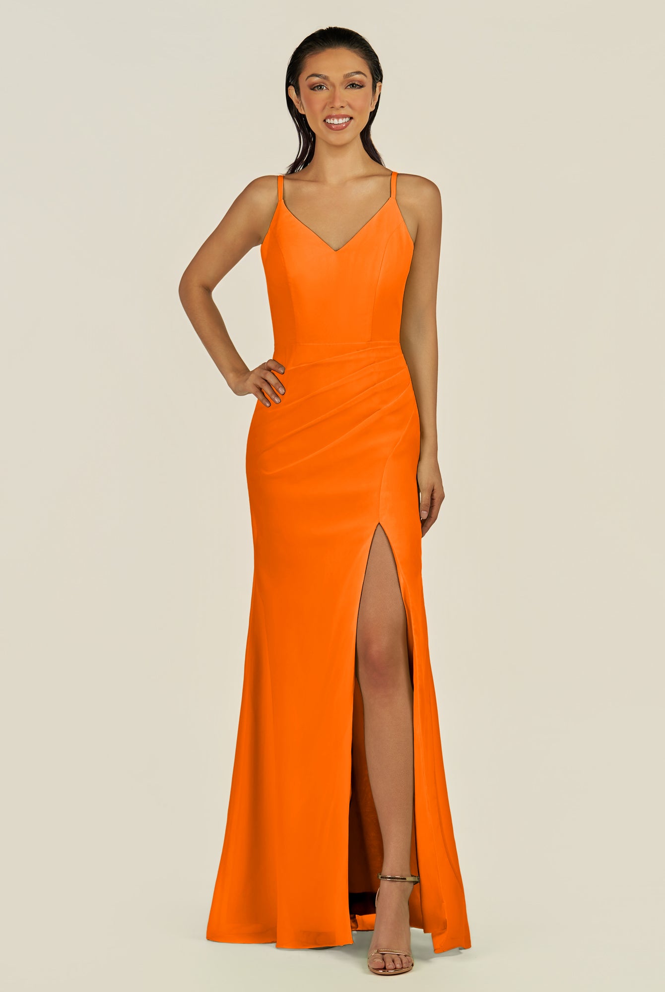 KissDress-Santillia Cinnamon Sheath Chiffon V Neck Long Bridesmaid Dress with Slit