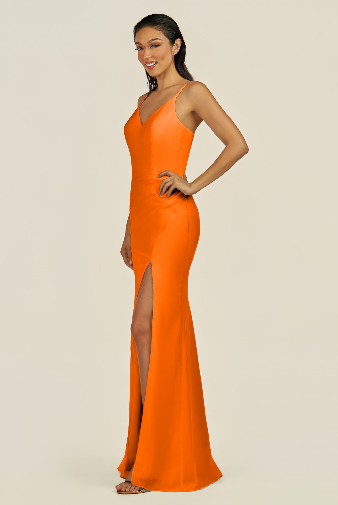 KissDress-Santillia Cinnamon Sheath Chiffon V Neck Long Bridesmaid Dress with Slit