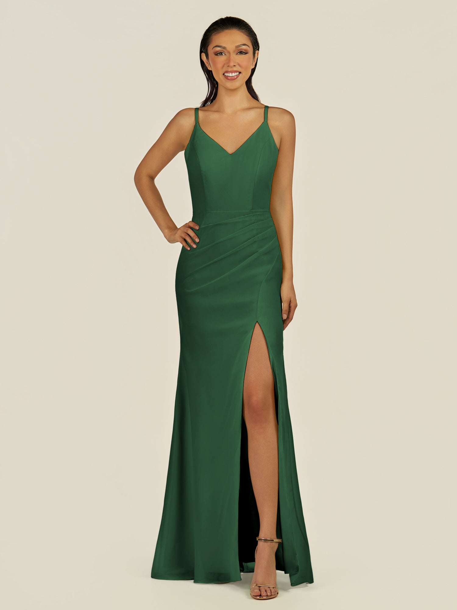 KissDress-Santillia Dark Green Sheath Chiffon V Neck Long Bridesmaid Dress with Slit