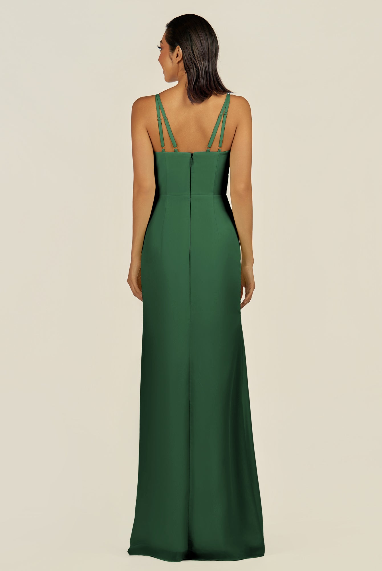 KissDress-Santillia Dark Green Sheath Chiffon V Neck Long Bridesmaid Dress with Slit