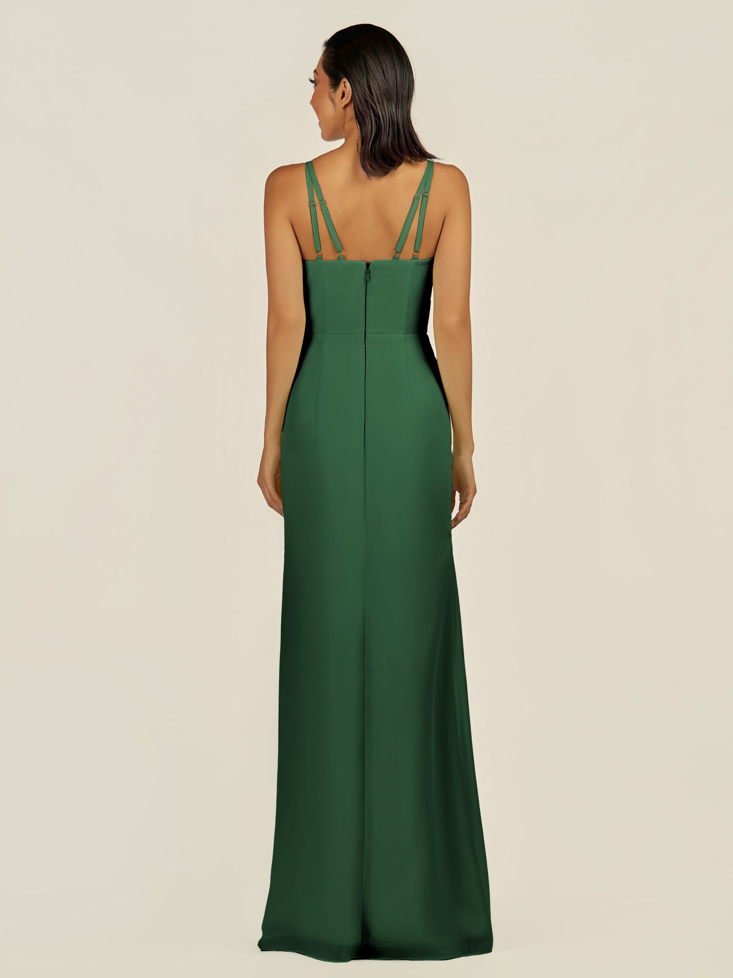 KissDress-Santillia Dark Green Sheath Chiffon V Neck Long Bridesmaid Dress with Slit