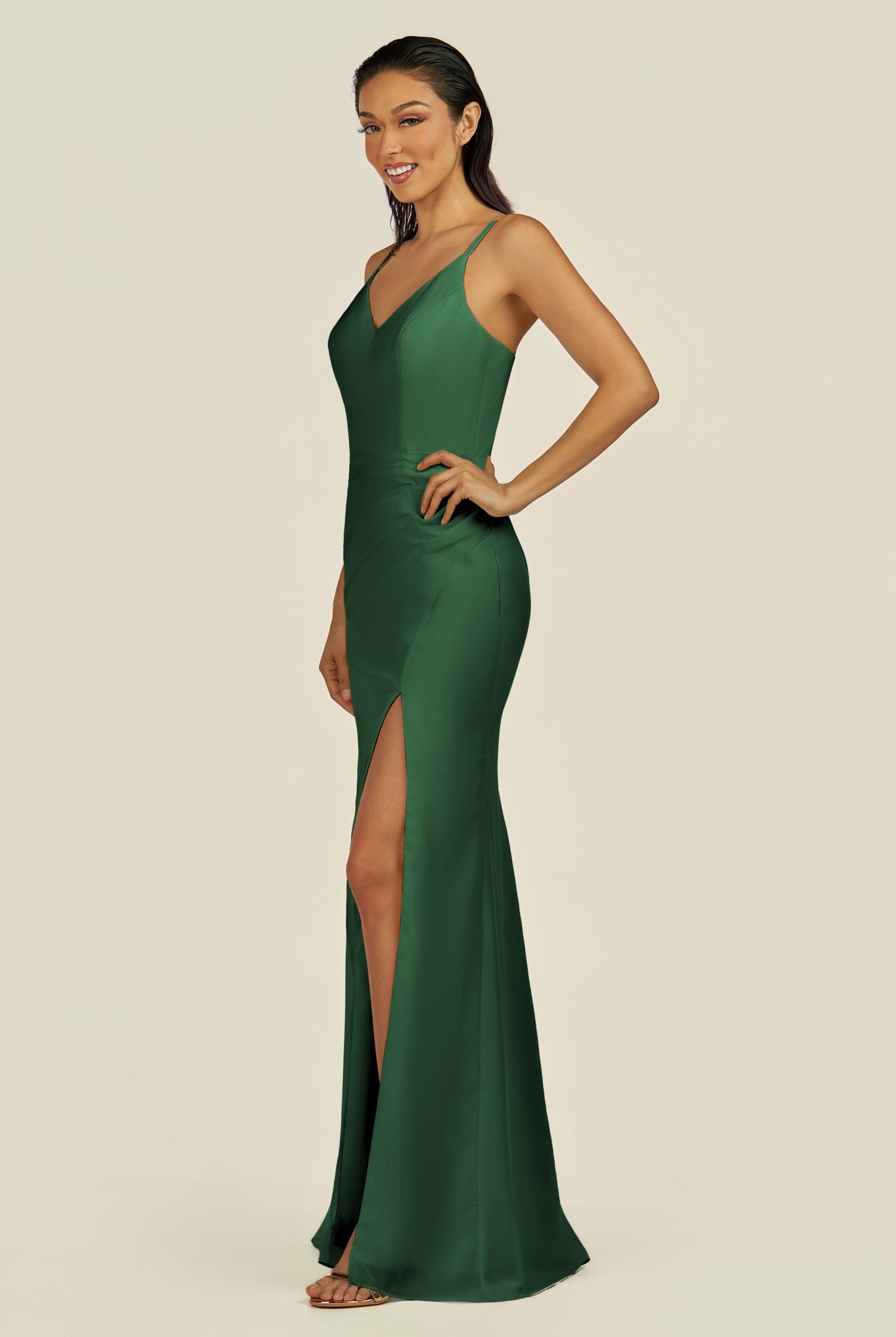 KissDress-Santillia Dark Green Sheath Chiffon V Neck Long Bridesmaid Dress with Slit