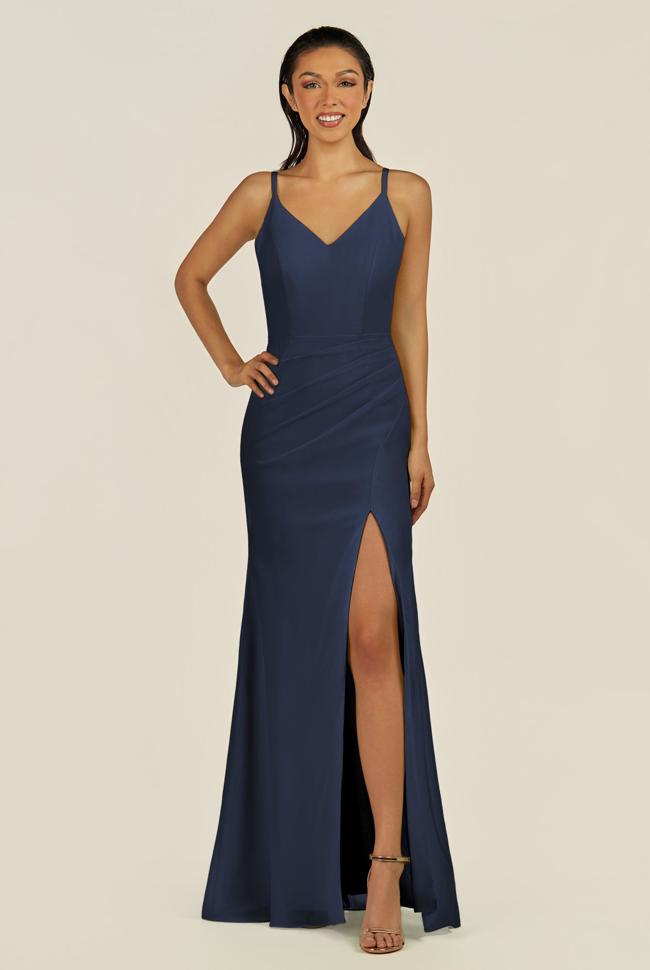 KissDress-Santillia Dark Navy Sheath Chiffon V Neck Long Bridesmaid Dress with Slit