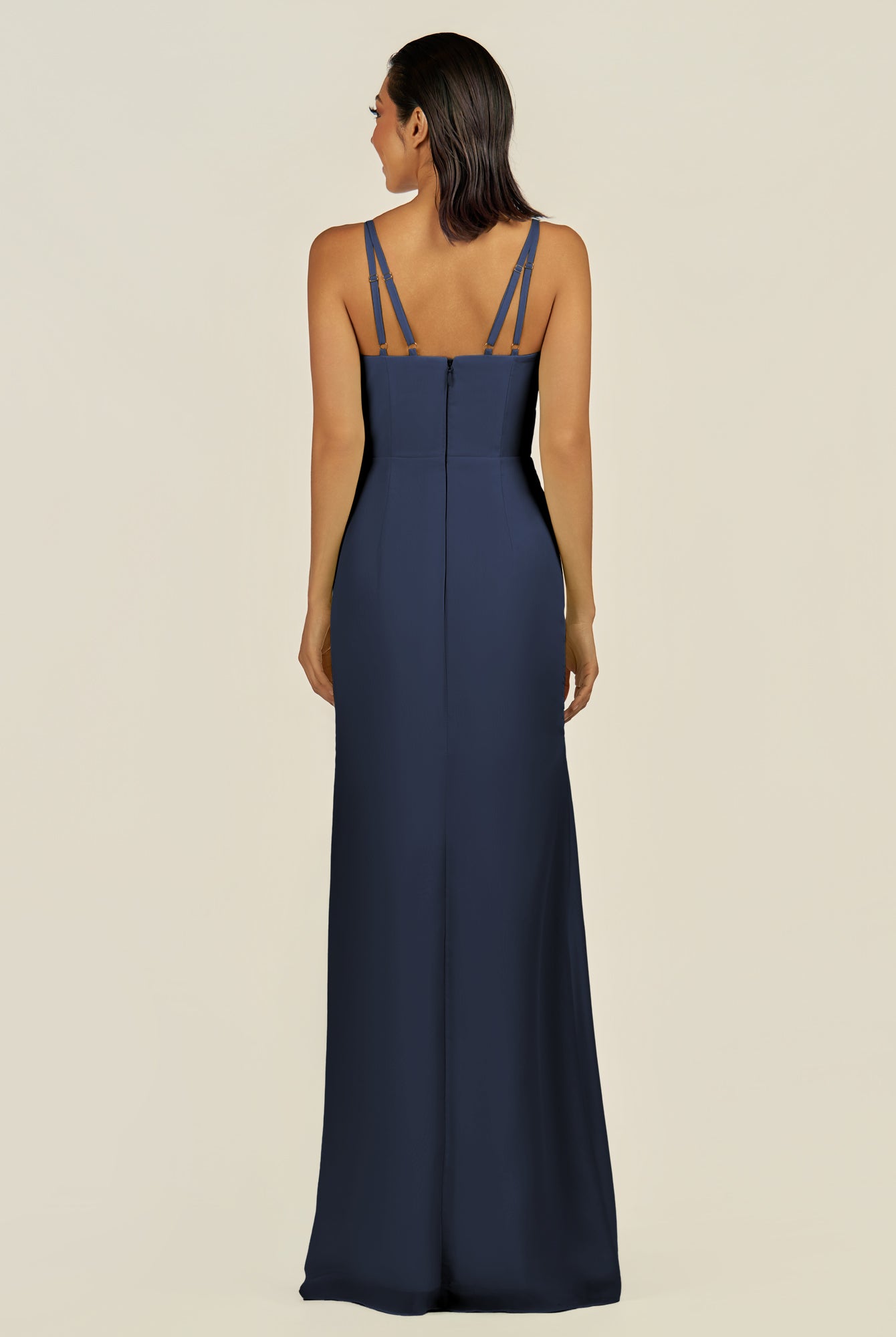 KissDress-Santillia Dark Navy Sheath Chiffon V Neck Long Bridesmaid Dress with Slit