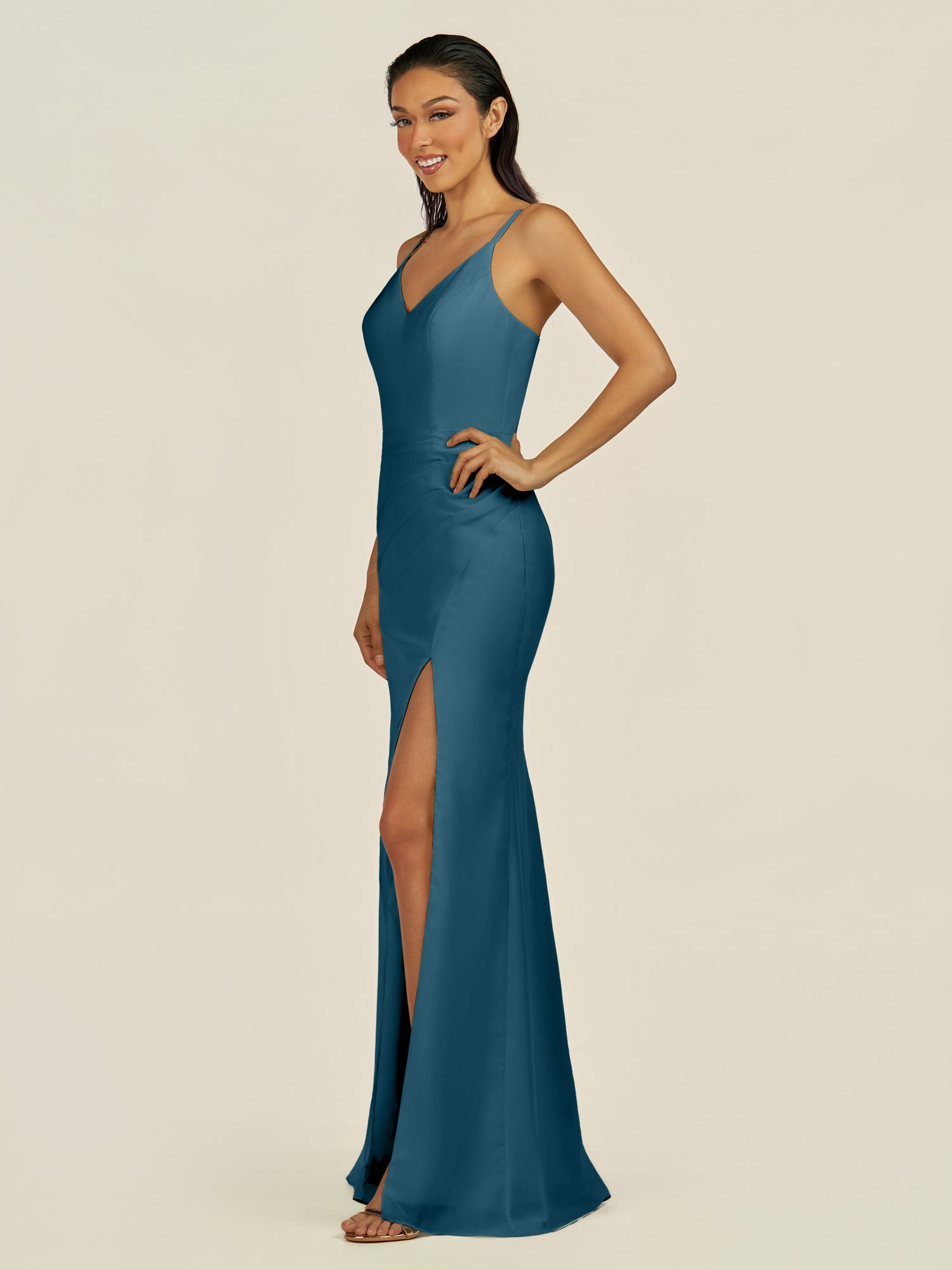 KissDress-Santillia Dark Teal Sheath Chiffon V Neck Long Bridesmaid Dress with Slit