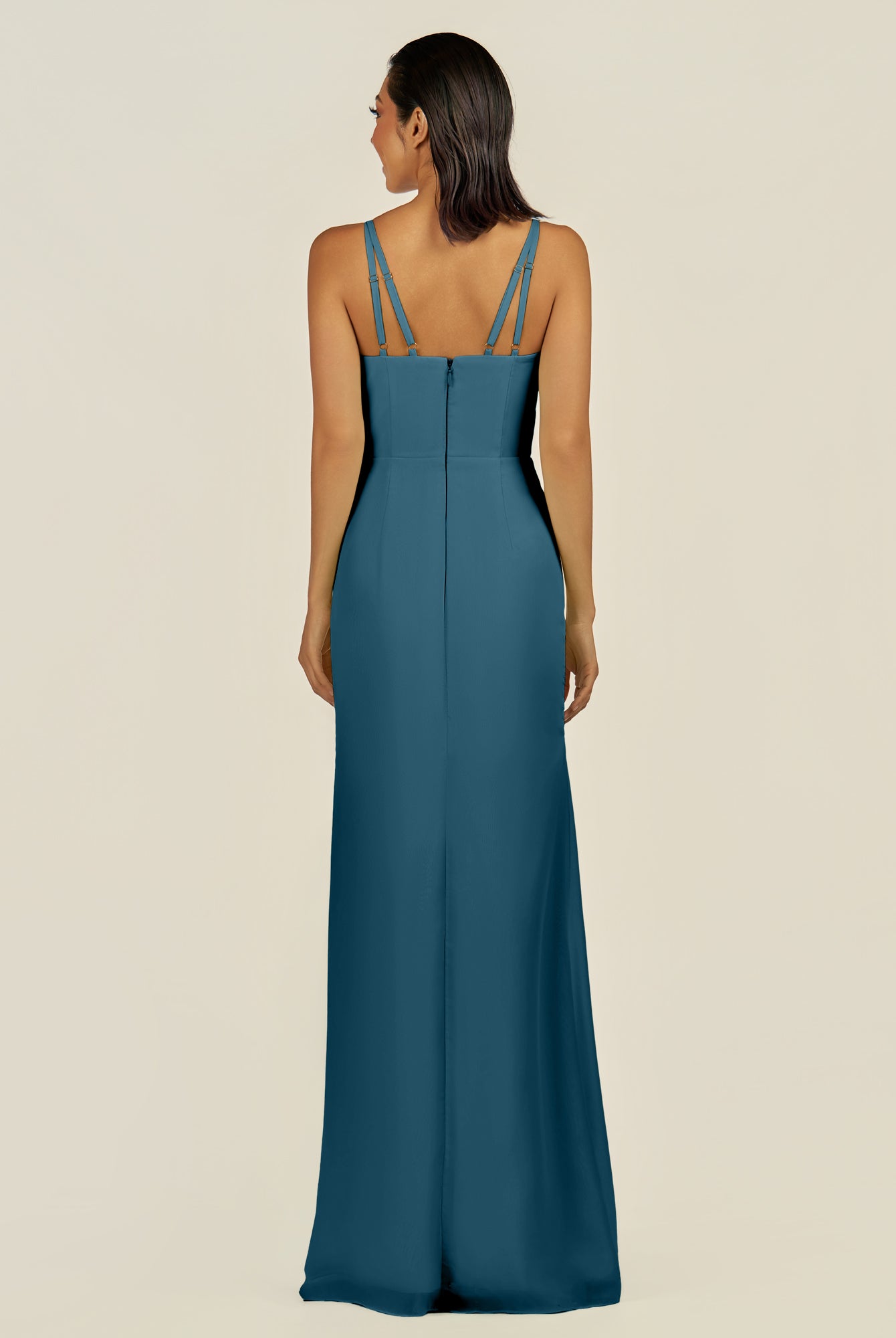 KissDress-Santillia Dark Teal Sheath Chiffon V Neck Long Bridesmaid Dress with Slit