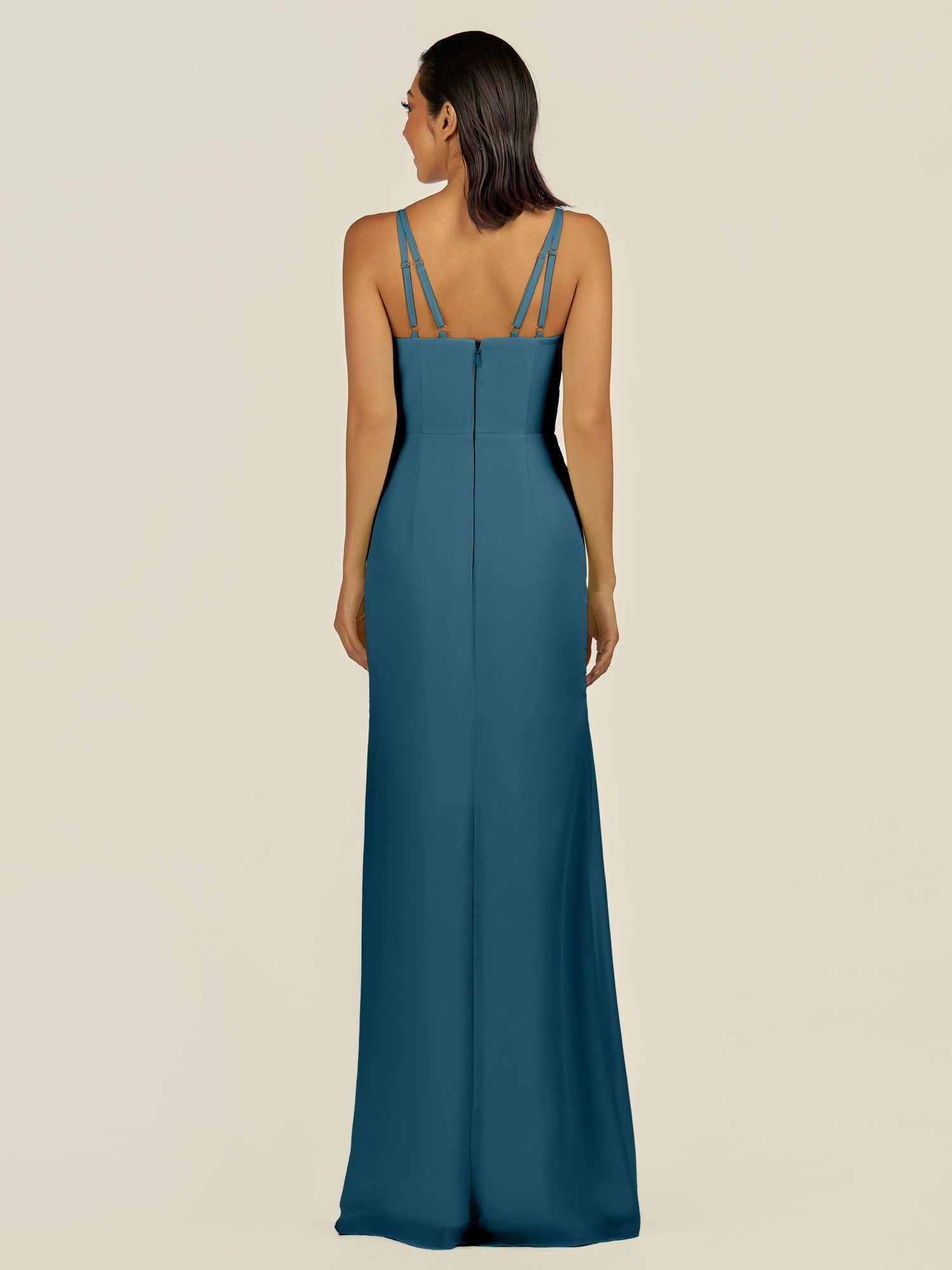 KissDress-Santillia Dark Teal Sheath Chiffon V Neck Long Bridesmaid Dress with Slit