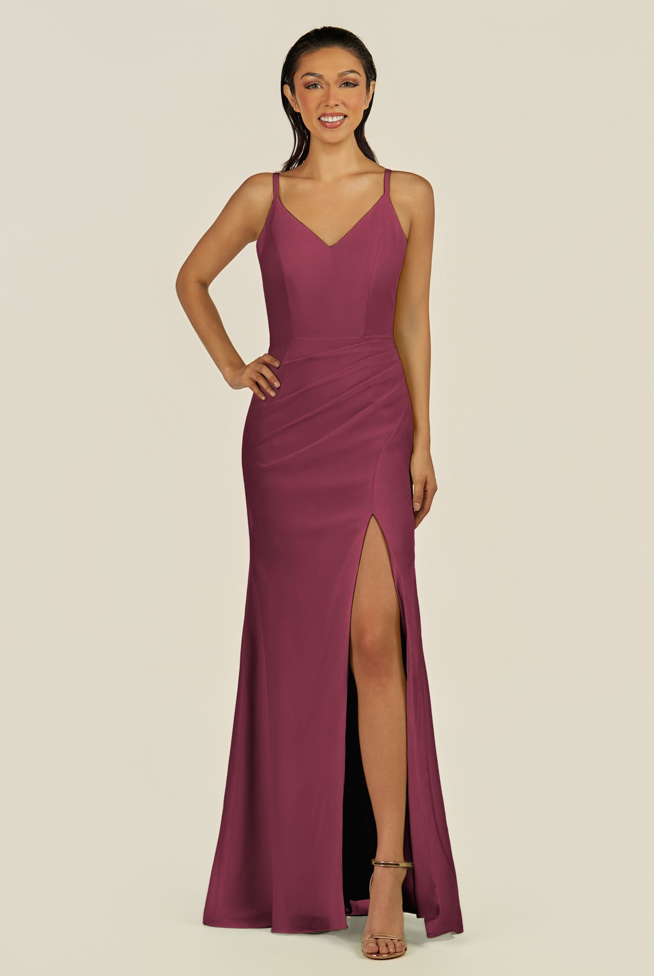 KissDress-Santillia Desert Rose Sheath Chiffon V Neck Long Bridesmaid Dress with Slit