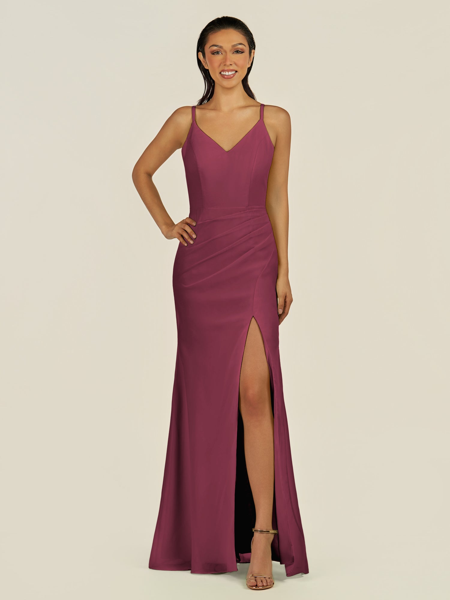 KissDress-Santillia Desert Rose Sheath Chiffon V Neck Long Bridesmaid Dress with Slit