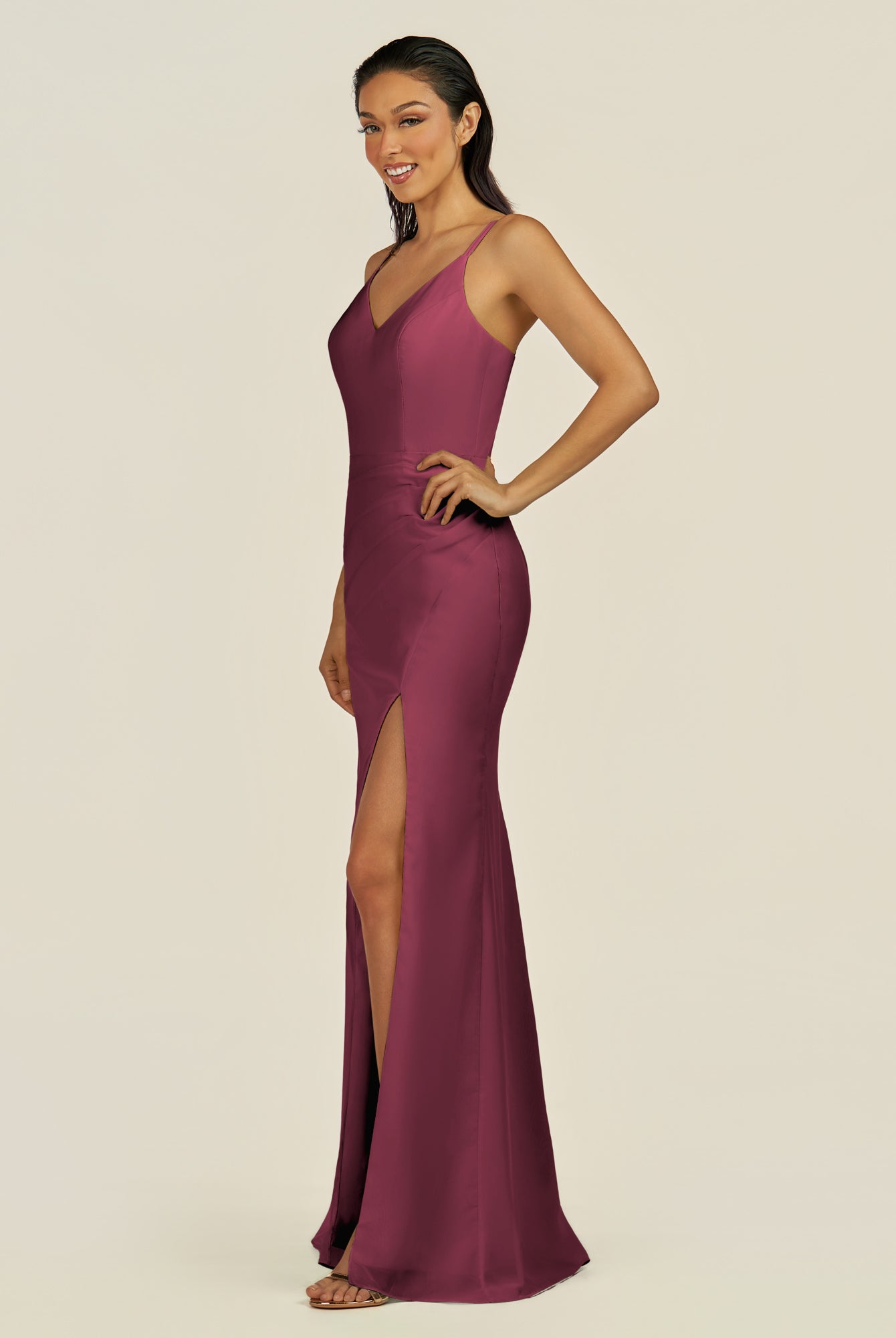 KissDress-Santillia Desert Rose Sheath Chiffon V Neck Long Bridesmaid Dress with Slit