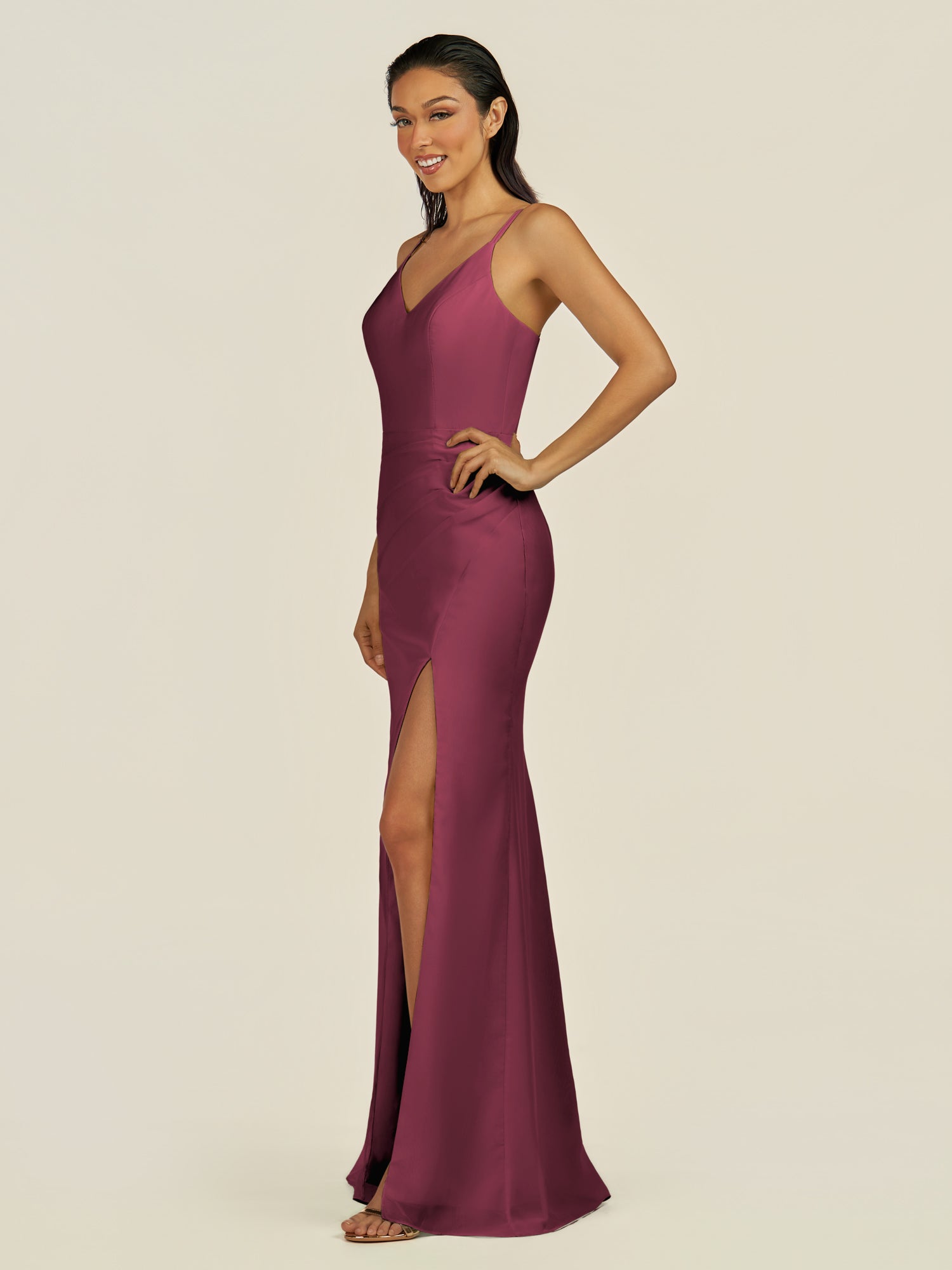 KissDress-Santillia Desert Rose Sheath Chiffon V Neck Long Bridesmaid Dress with Slit