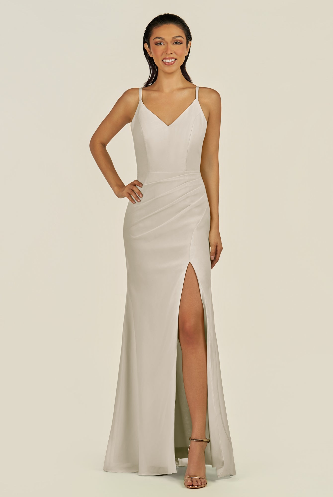 KissDress-Santillia Dove Gray Sheath Chiffon V Neck Long Bridesmaid Dress with Slit